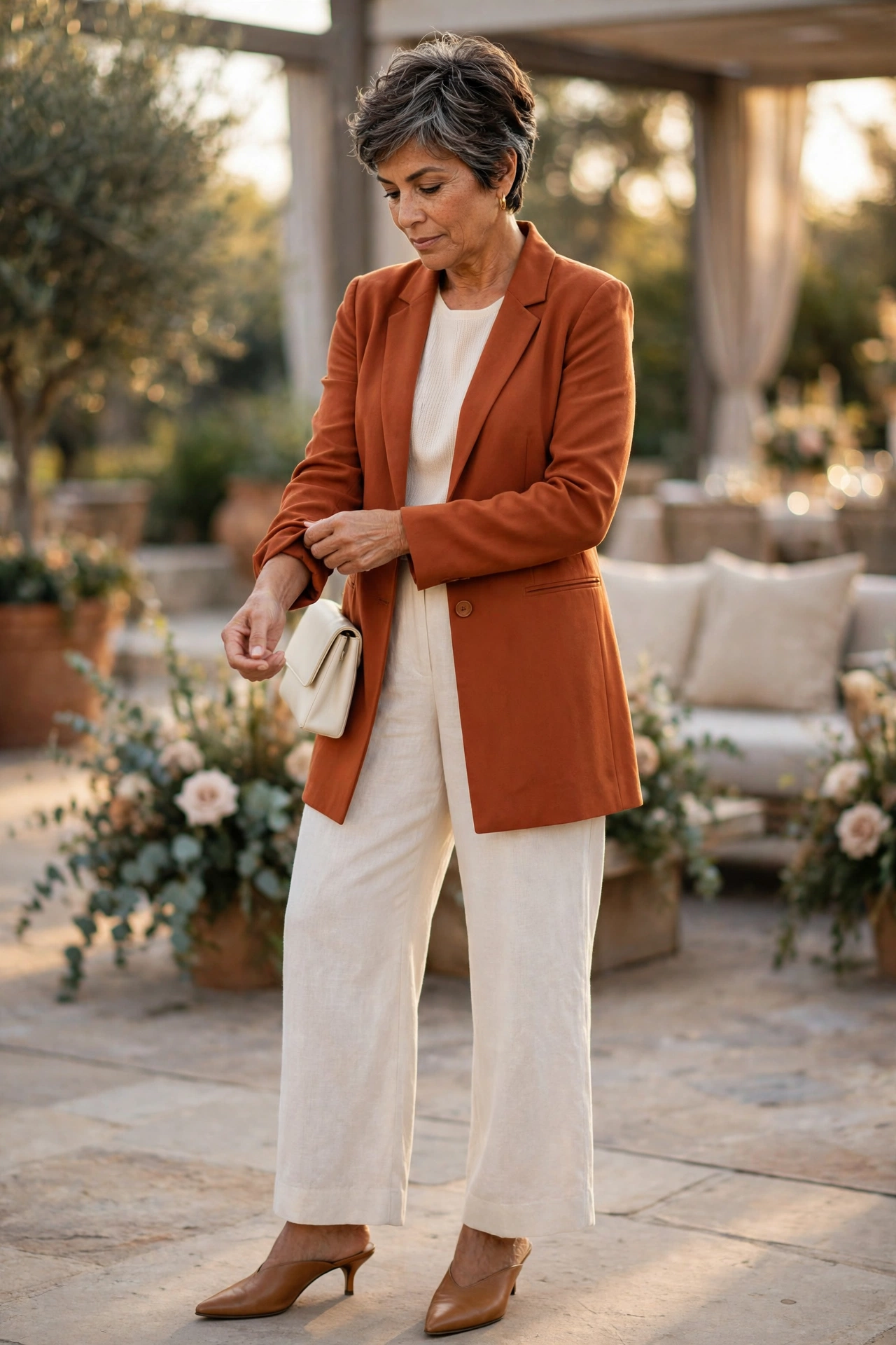 Elegant occasion outfit — woman over 50 in rust longline blazer over cream wide-leg trousers.