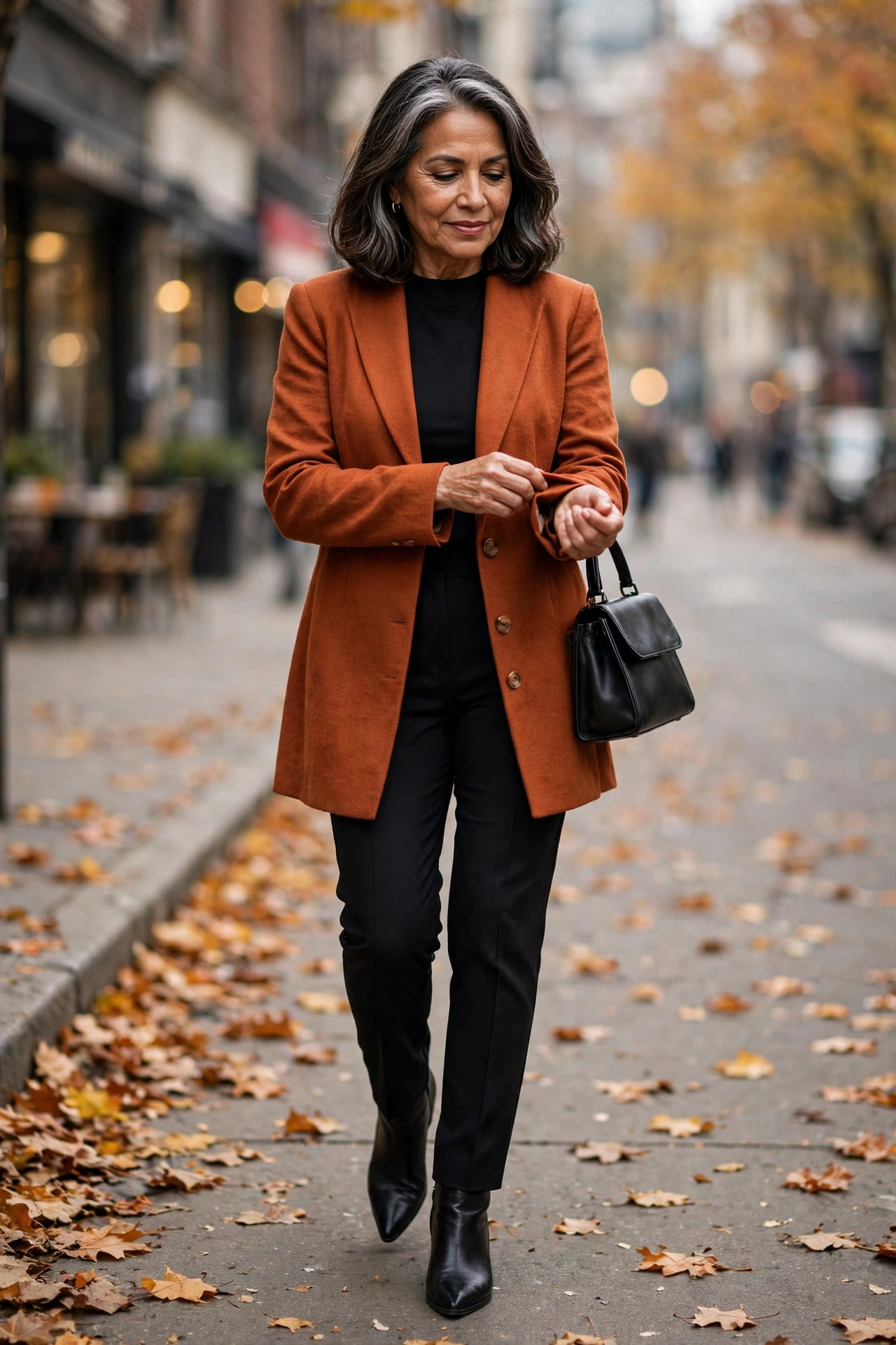 Woman over 50 in rust-orange longline blazer and black trousers with pointed ankle boots.
