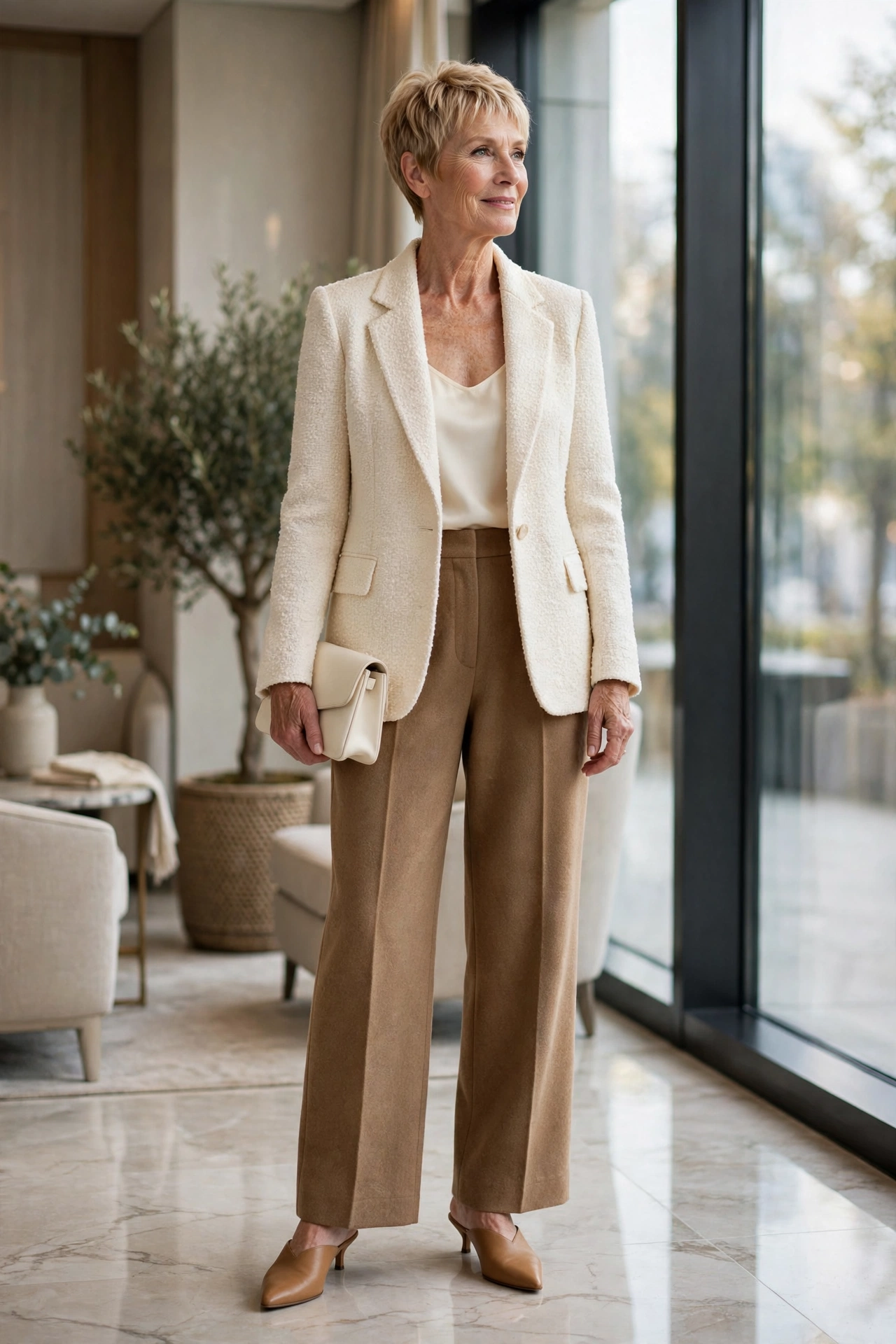 Elegant outfit for women over 50 — cream bouclé blazer and camel wide-leg trousers with kitten mules.