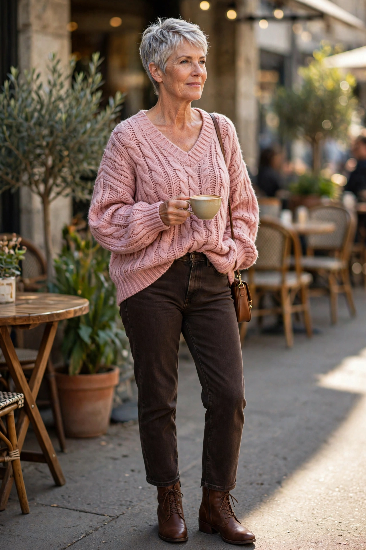 Casual outfit for women over 50 — dusty pink oversized knit with dark chocolate jeans and brown ankle boots.