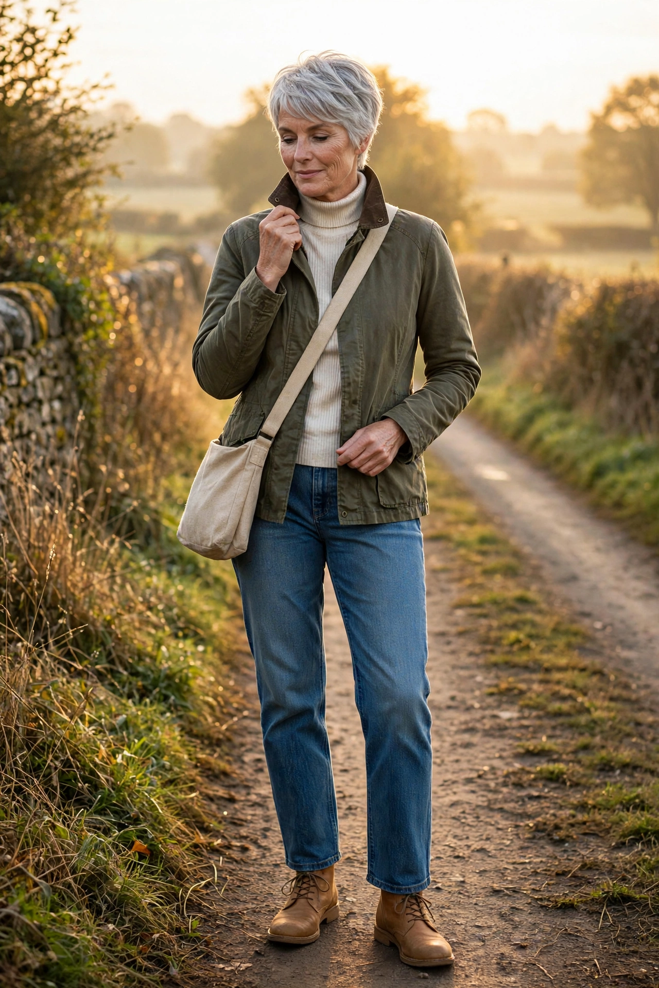 Practical autumn outfit — woman over 50 in olive waxed jacket with mid-wash straight jeans and tan boots.