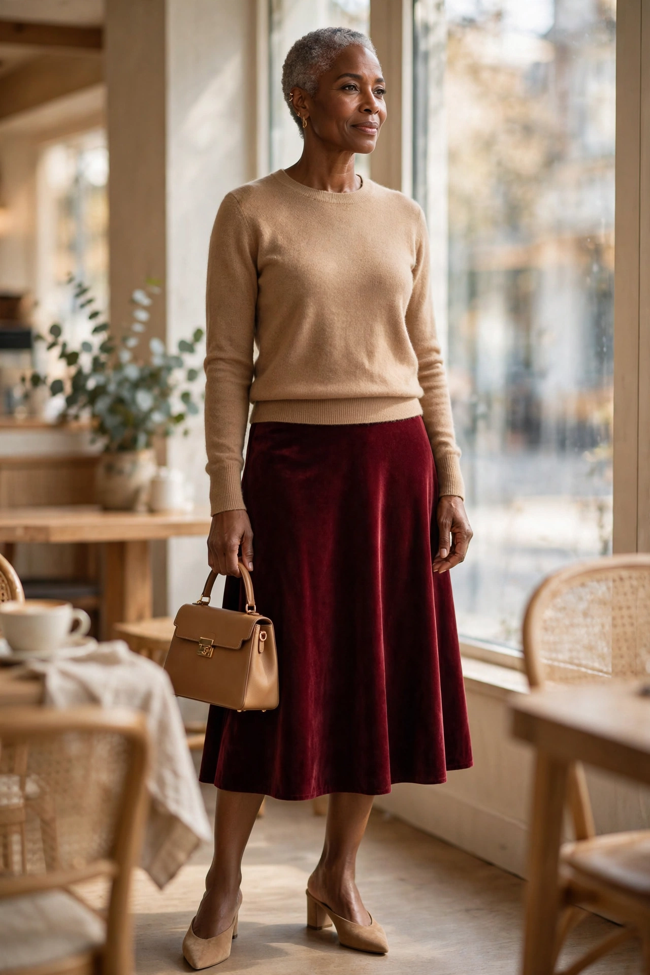 Elegant casual outfit — woman over 50 in burgundy velvet midi skirt and camel cashmere sweater.