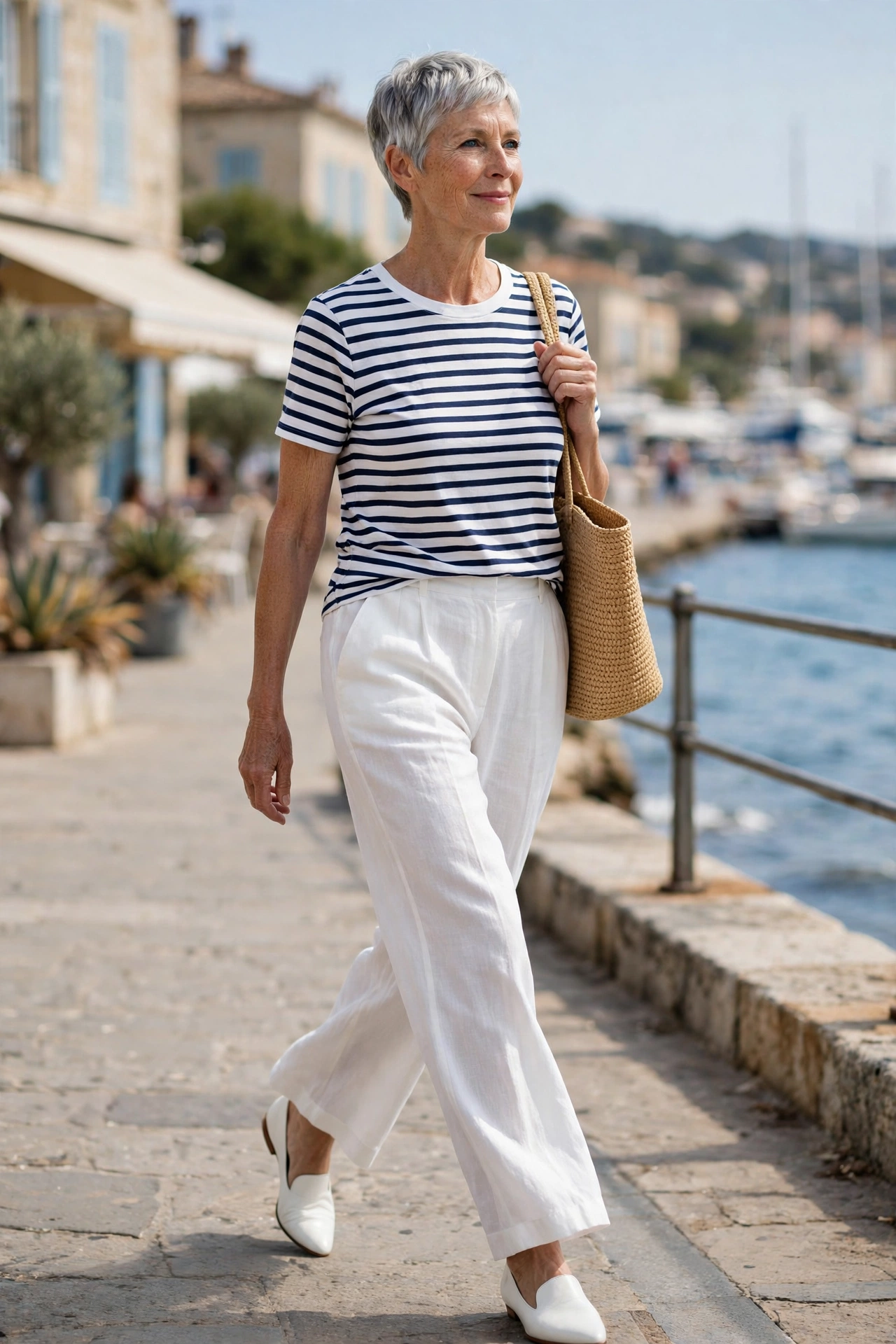 Classic chic outfit — woman over 50 in Breton stripe top with white wide-leg trousers and white loafers.