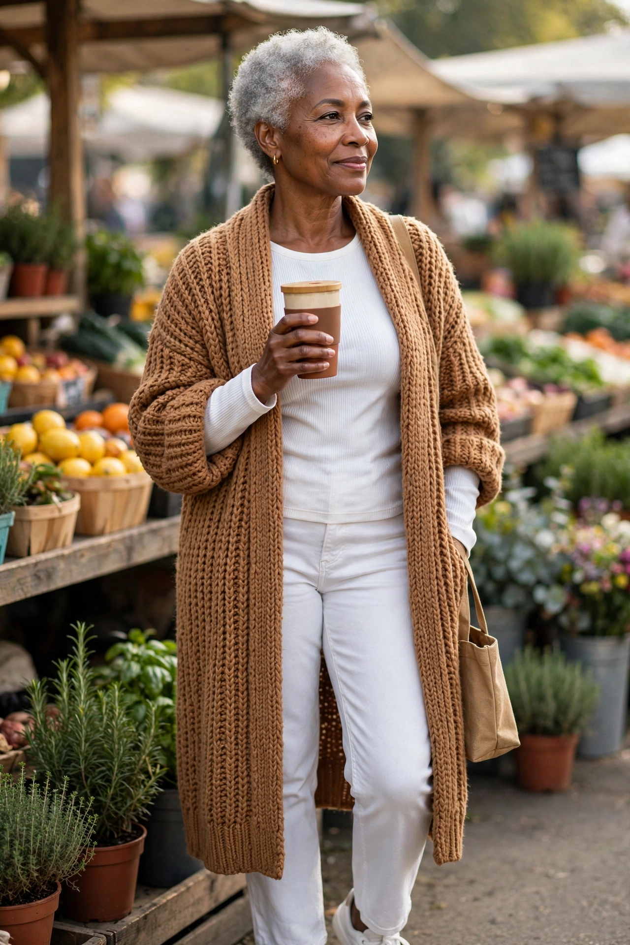 Relaxed weekend outfit — woman over 50 in caramel longline cardigan with white jeans and white trainers.
