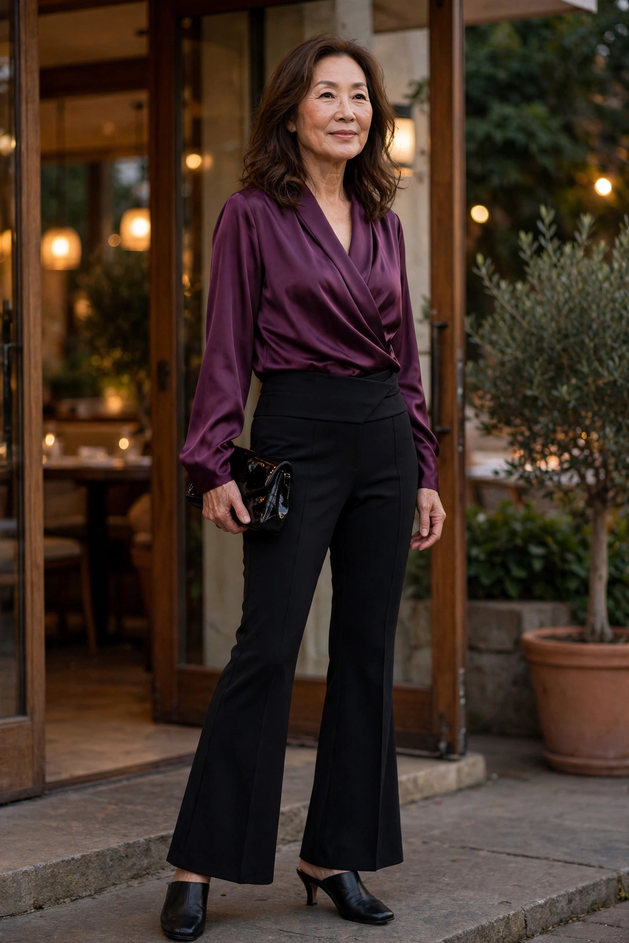 Woman over 50 in plum wrap blouse and black flared trousers for an evening out.