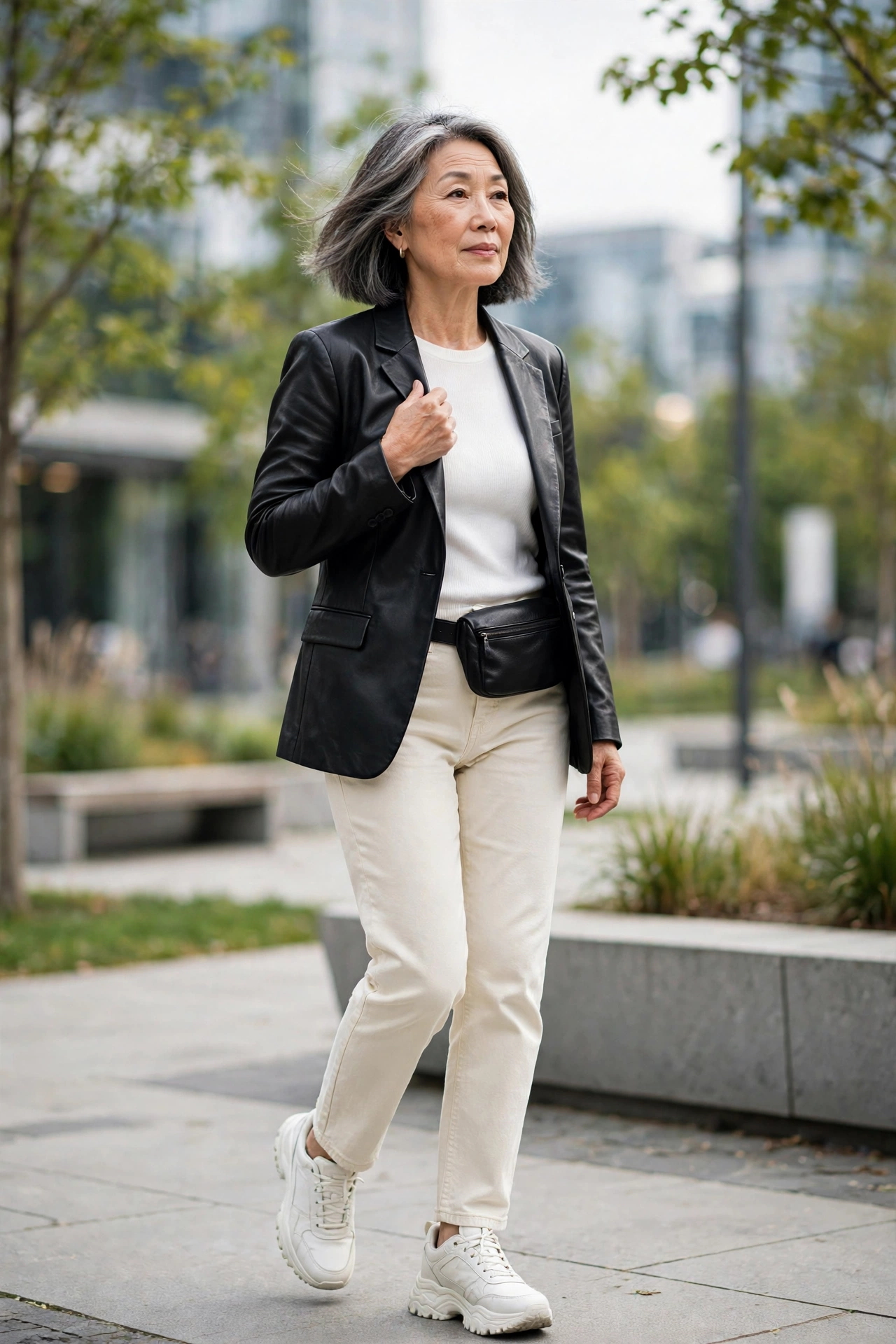 Woman over 50 in black leather blazer, cream straight jeans, and white chunky trainers.