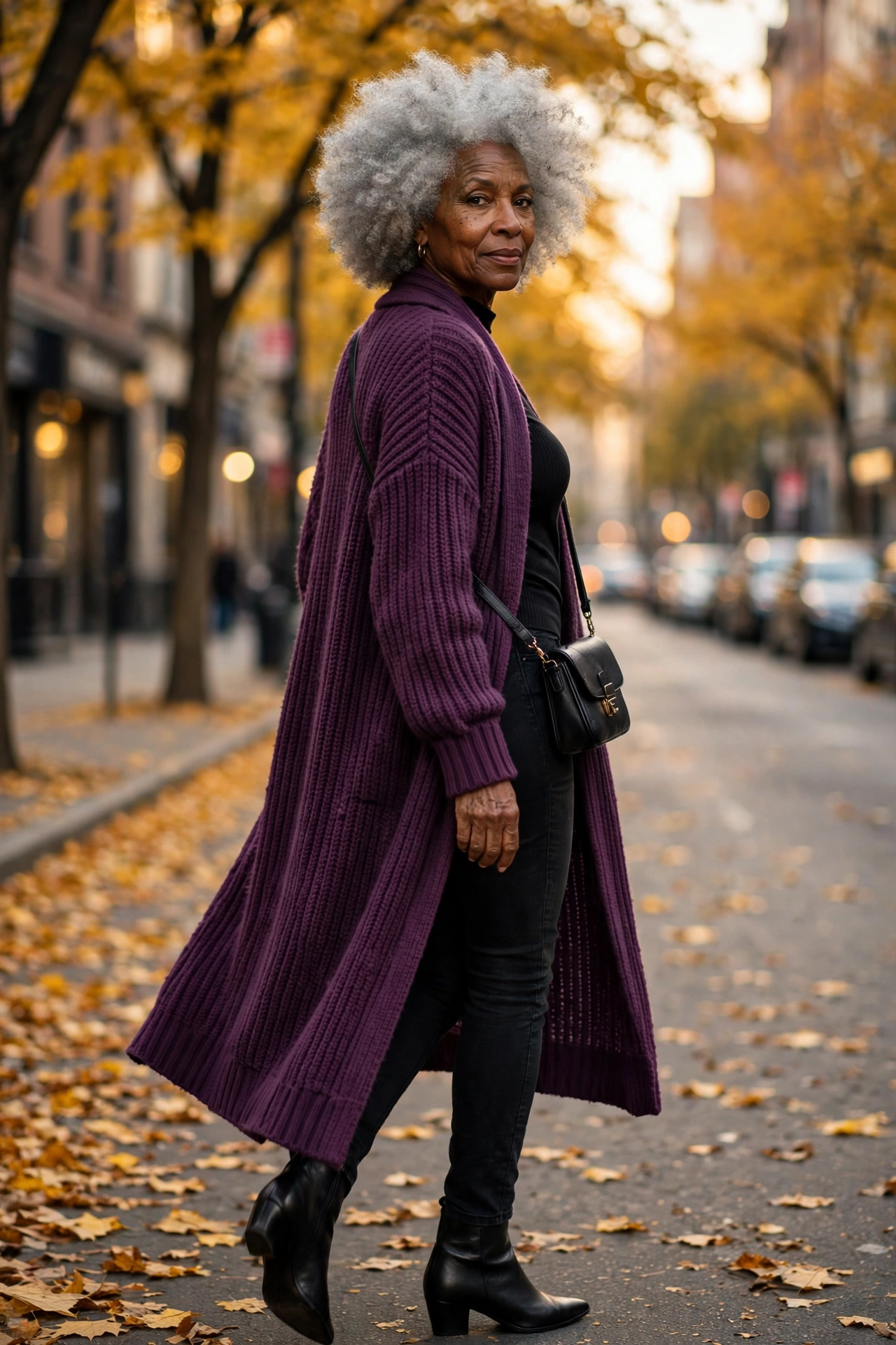 Chic autumn outfit for women over 50 — plum knit duster coat over black skinny jeans and ankle boots.