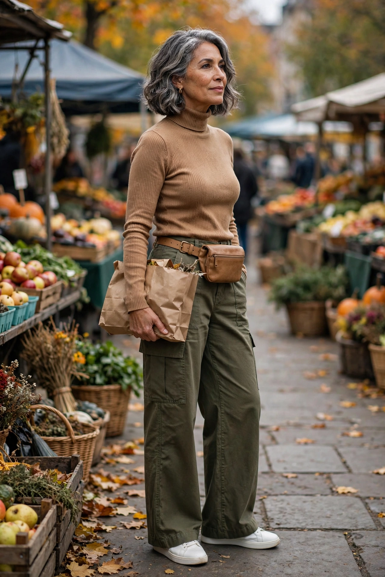 Casual outfit for women over 50 — camel turtleneck with olive cargo trousers and white sneakers.