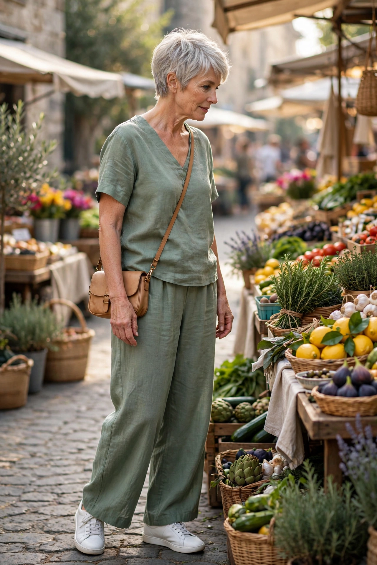 Relaxed weekend outfit for women over 50 — sage green linen matching set with white trainers.