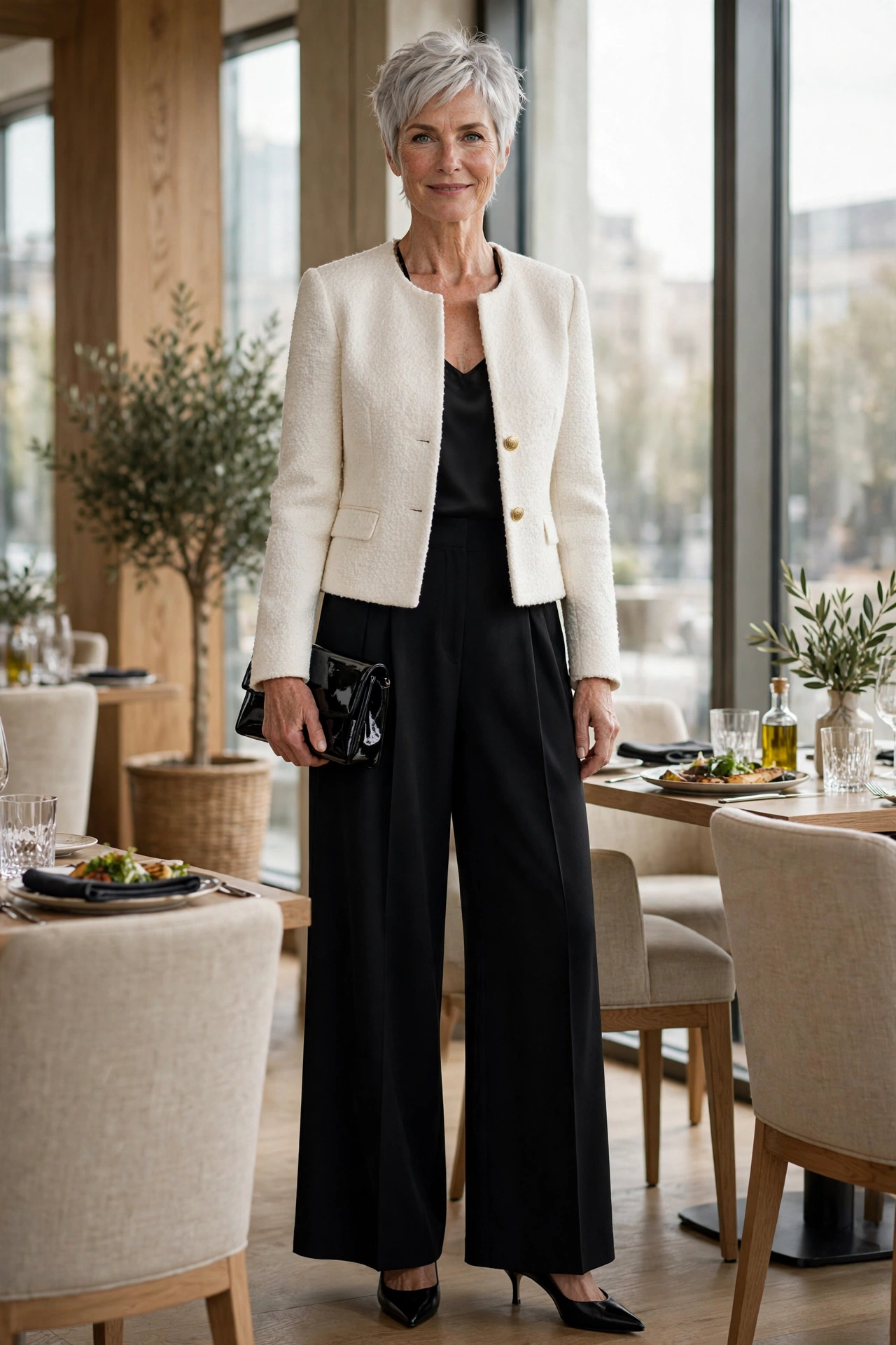 Elegant professional outfit — woman over 50 in ivory bouclé jacket over black wide-leg trousers.