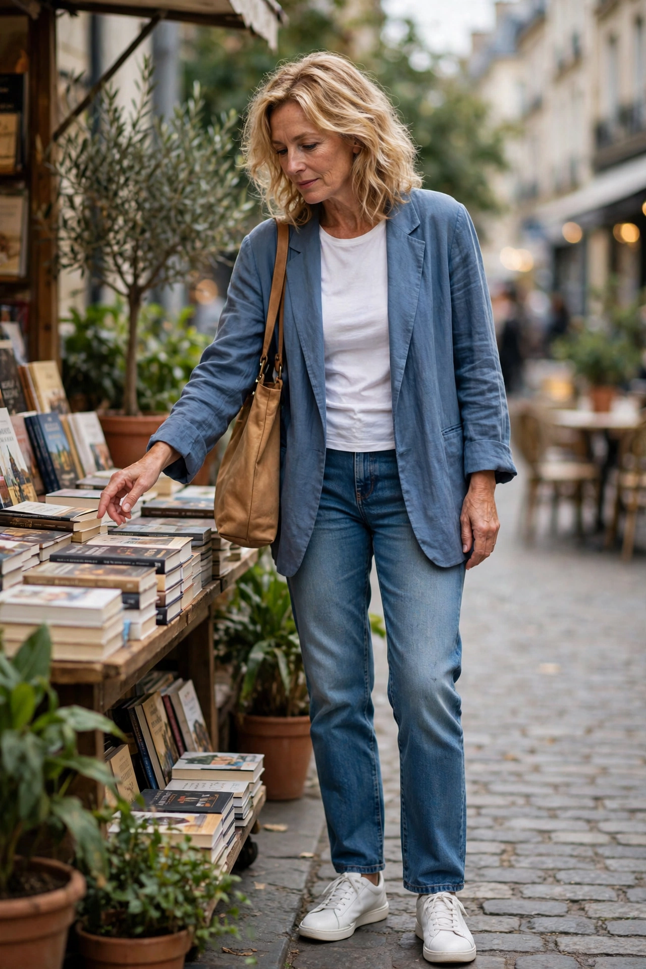 Casual stylish outfit — woman over 50 in dusty blue blazer, mid-wash jeans, and white trainers.
