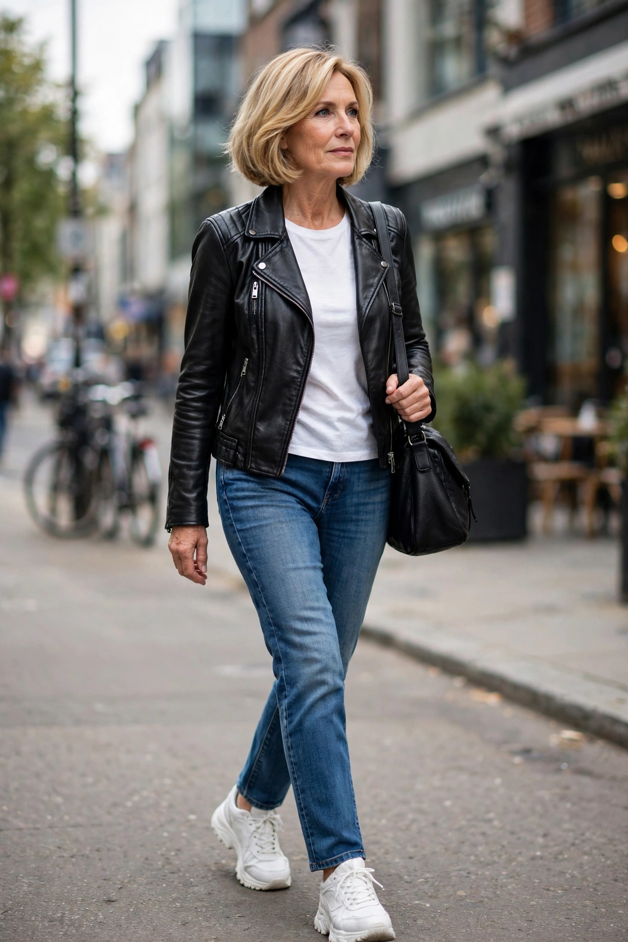 Woman over 50 in black leather biker jacket, straight mid-wash jeans, and white trainers.