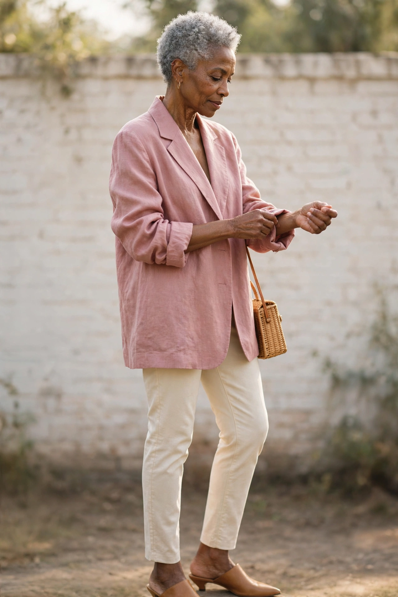 Woman over 50 in dusty pink oversized blazer and cream tapered trousers with tan mules.