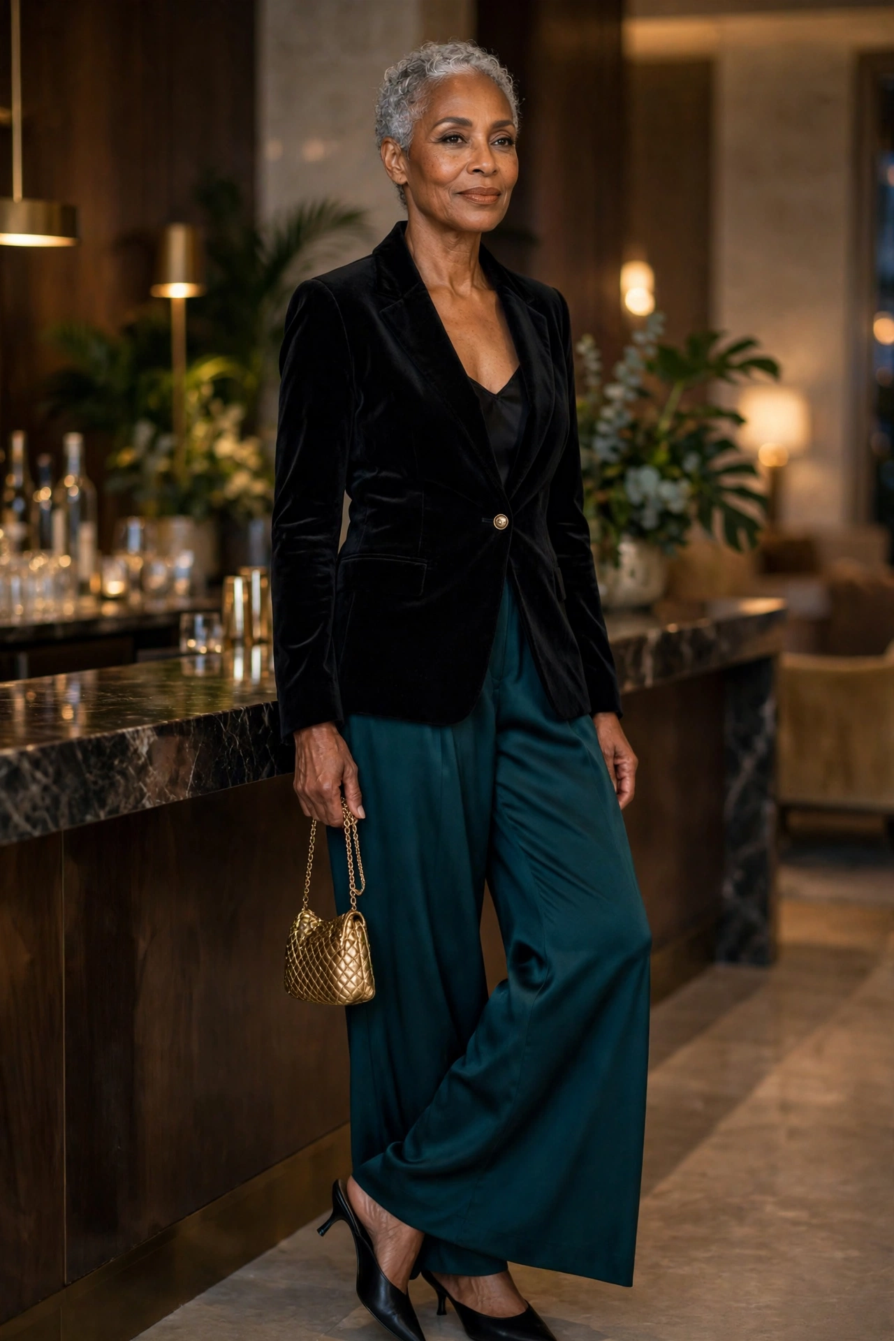 Elegant evening outfit for women over 50 — black velvet blazer with deep teal silk trousers.