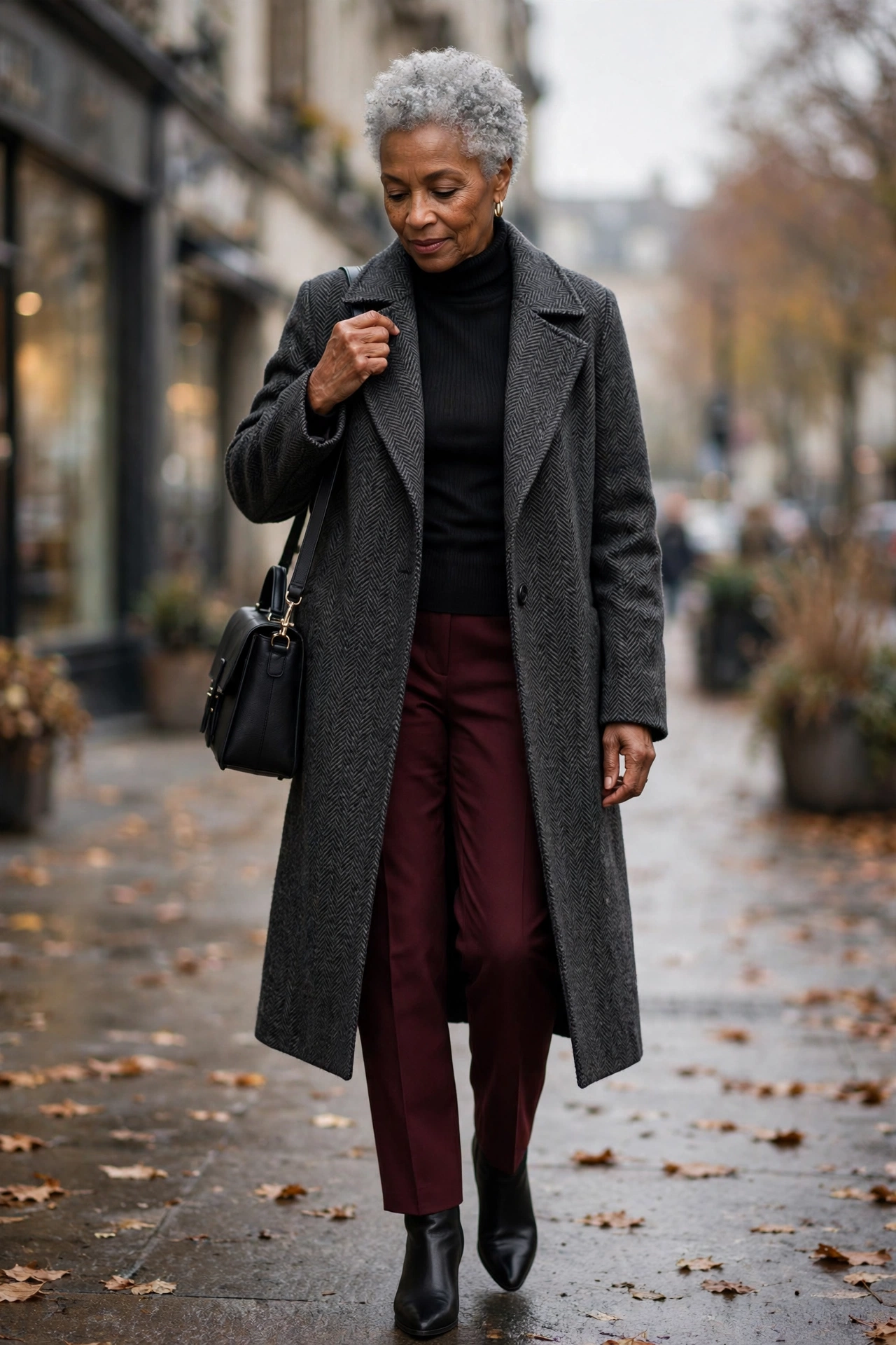 Sophisticated autumn outfit — woman over 50 in charcoal herringbone coat with burgundy straight trousers.