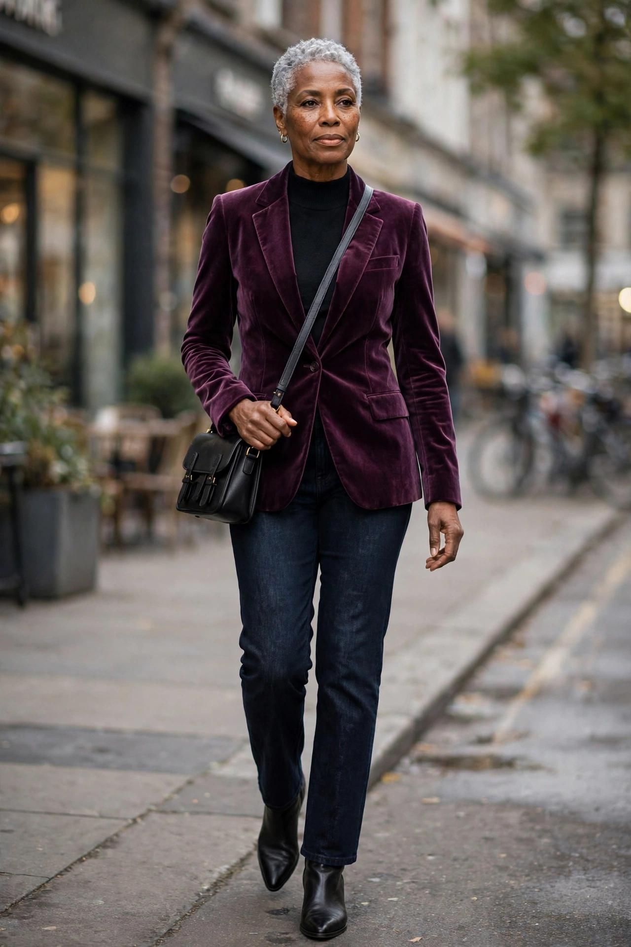 Chic casual outfit for women over 50 — plum velvet blazer with dark jeans and black ankle boots.
