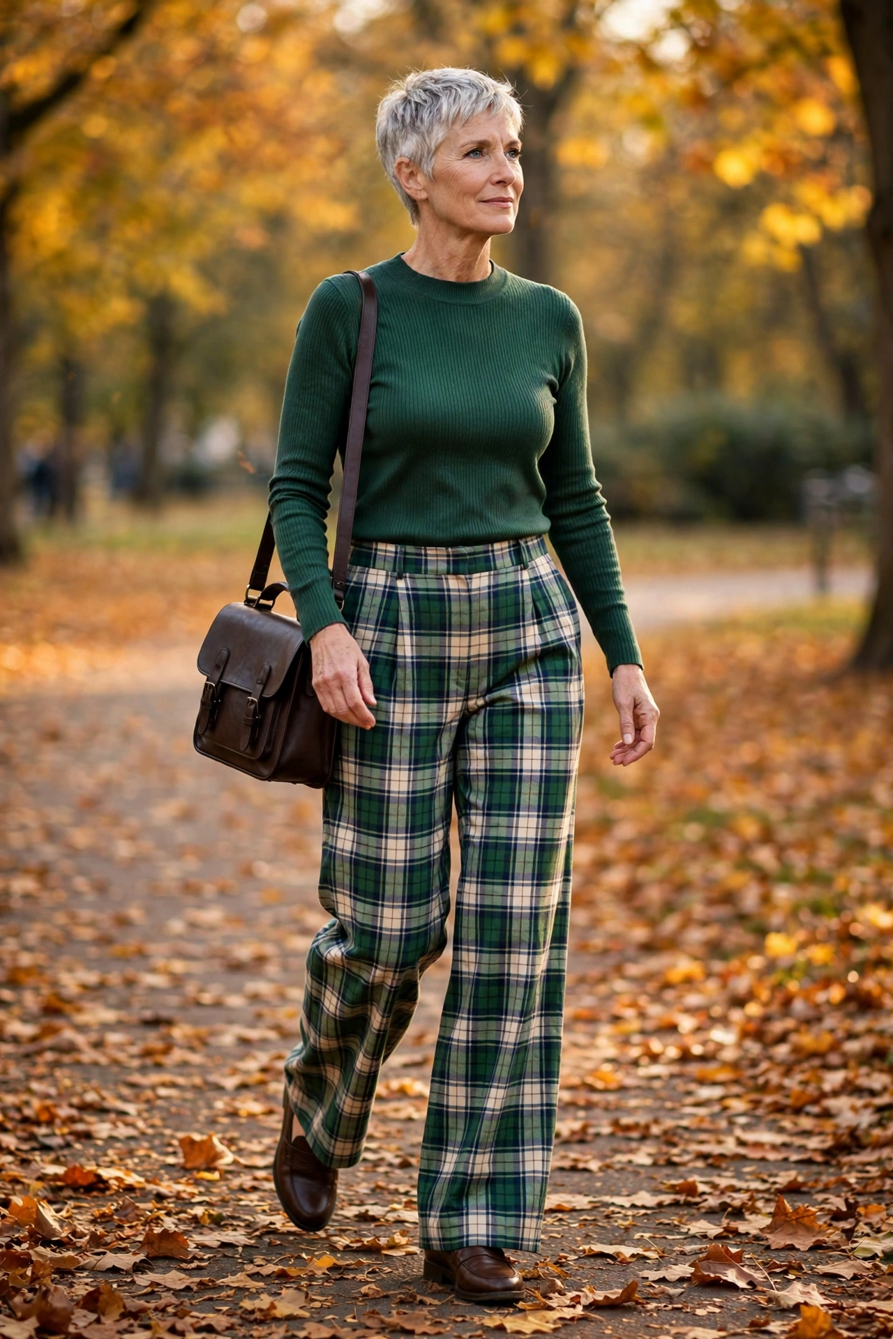 Woman over 50 in forest green roll-neck and green plaid wide-leg trousers with brown loafers.