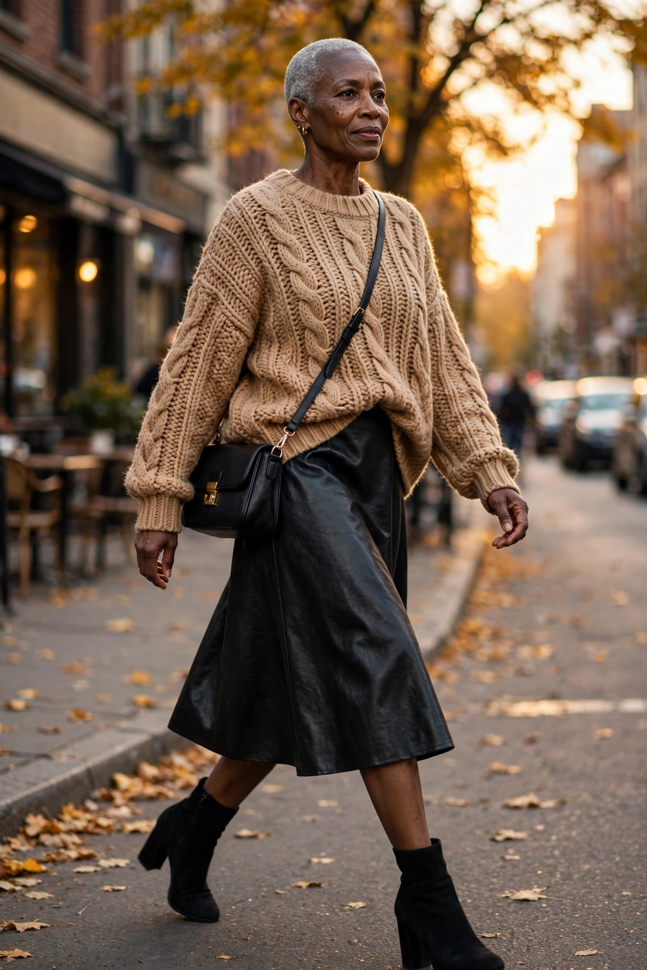 Stylish autumn outfit — woman over 50 in camel chunky knit and black leather midi skirt with ankle boots.