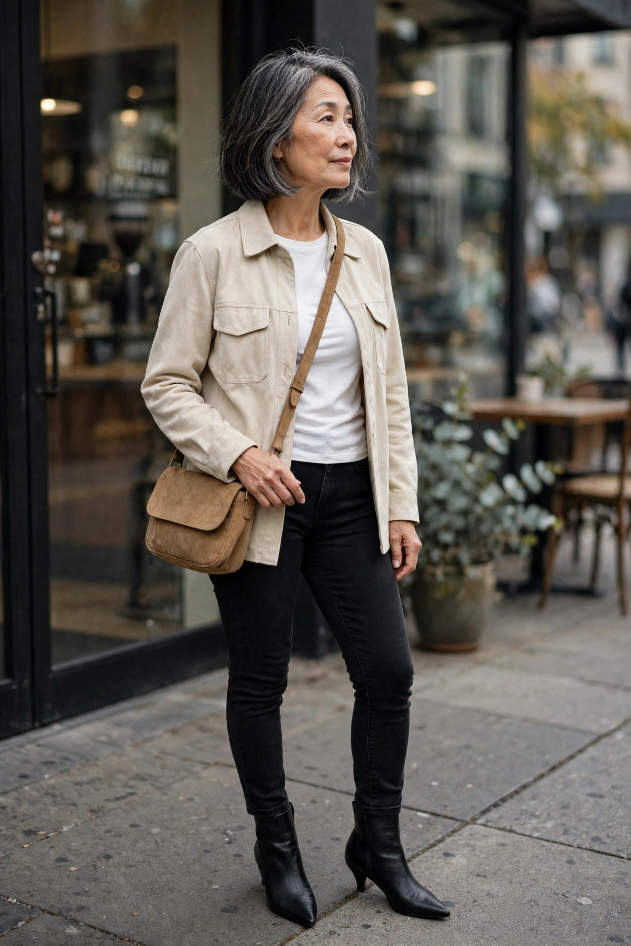Woman over 50 in cream suede shirt jacket and black skinny jeans with black ankle boots.