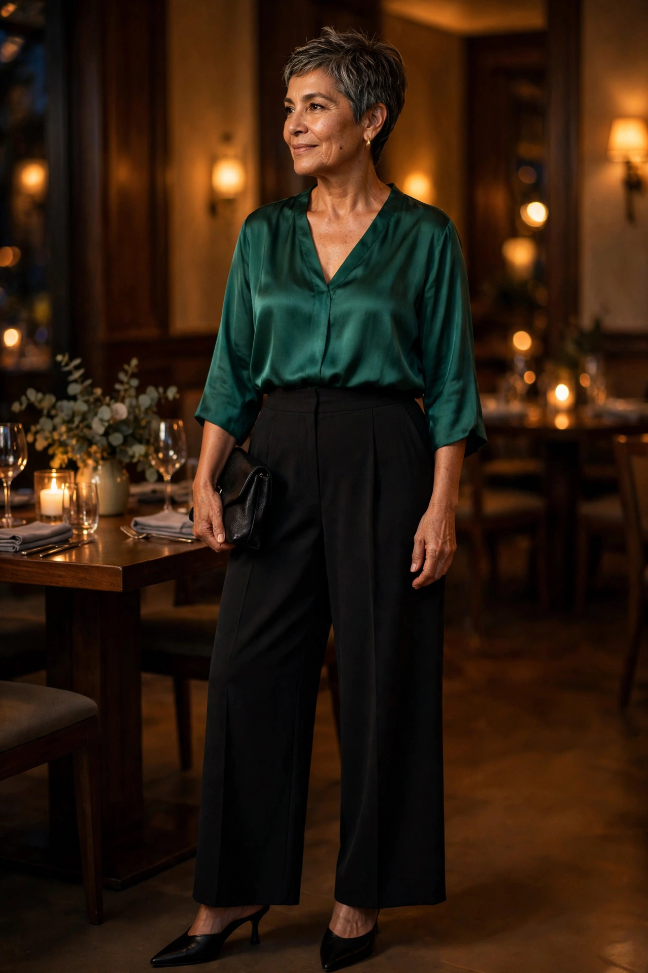 Evening outfit for women over 50 — emerald green satin blouse with black wide-leg trousers and heeled mules.