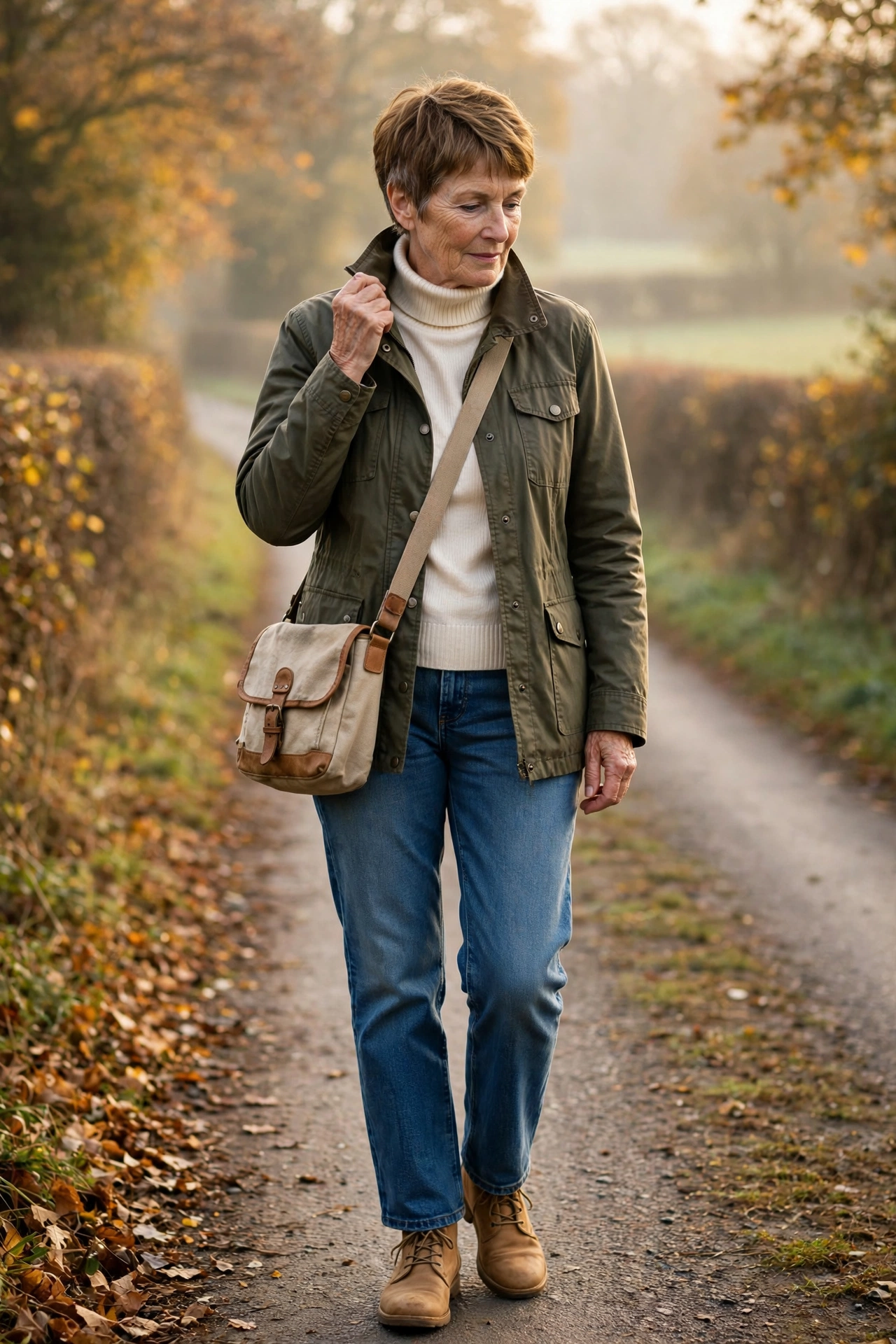 Practical autumn outfit — woman over 50 in olive waxed jacket, mid-wash jeans, and tan lace-up boots.