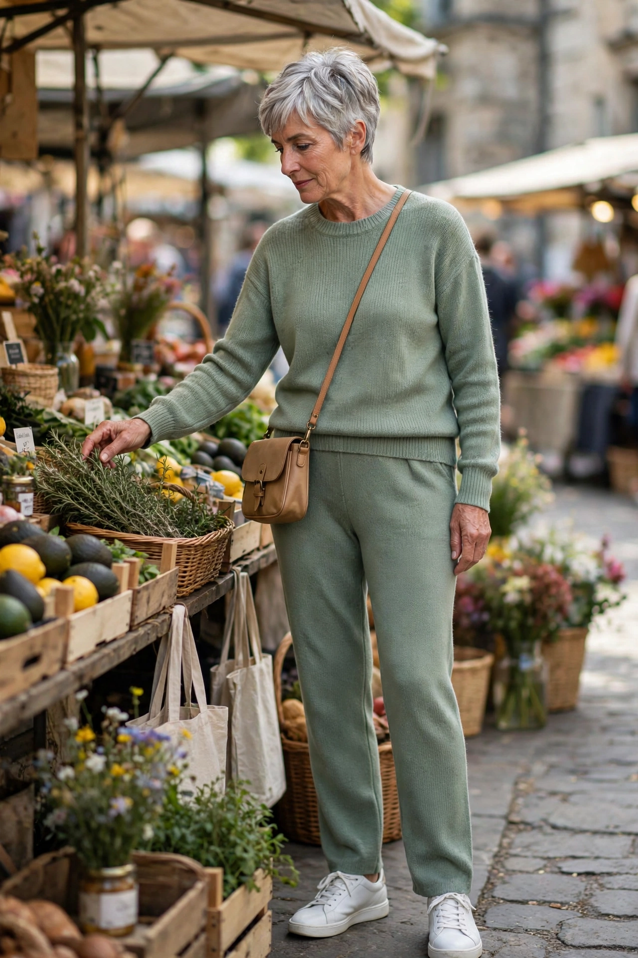 Casual weekend outfit for women over 50 — sage green knit matching set with white trainers.