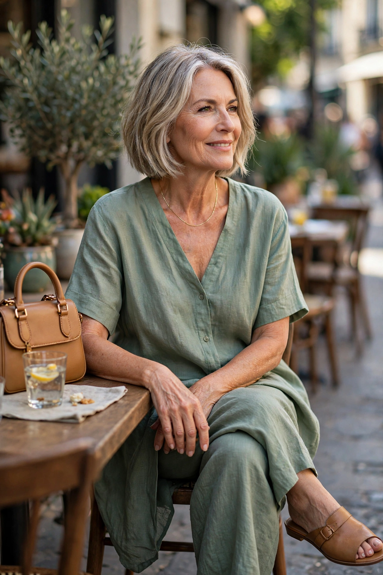 Woman over 50 in sage green linen matching set with tan mules and gold accessories.