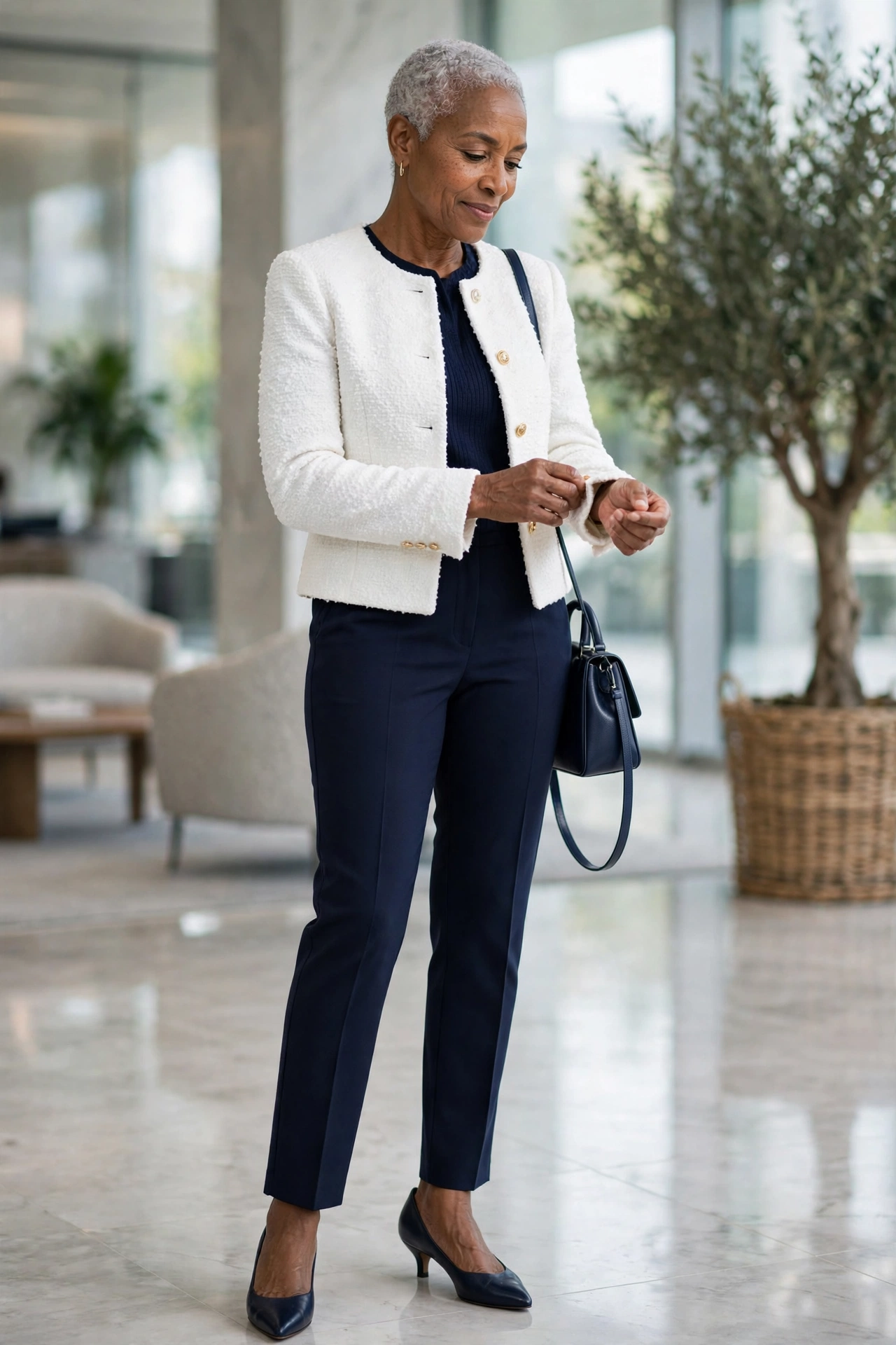 Professional outfit for women over 50 — white bouclé jacket over navy trousers and navy pumps.