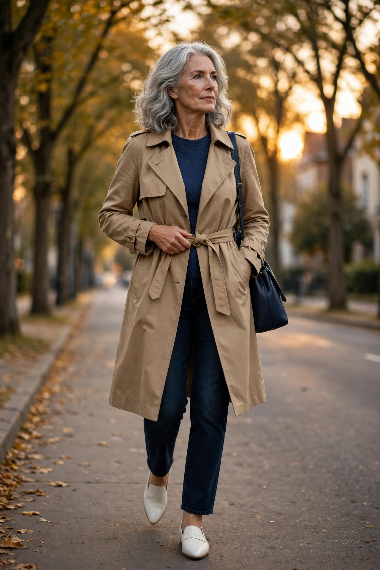 Classic chic outfit — woman over 50 in tan trench coat, navy jeans, and white loafers.