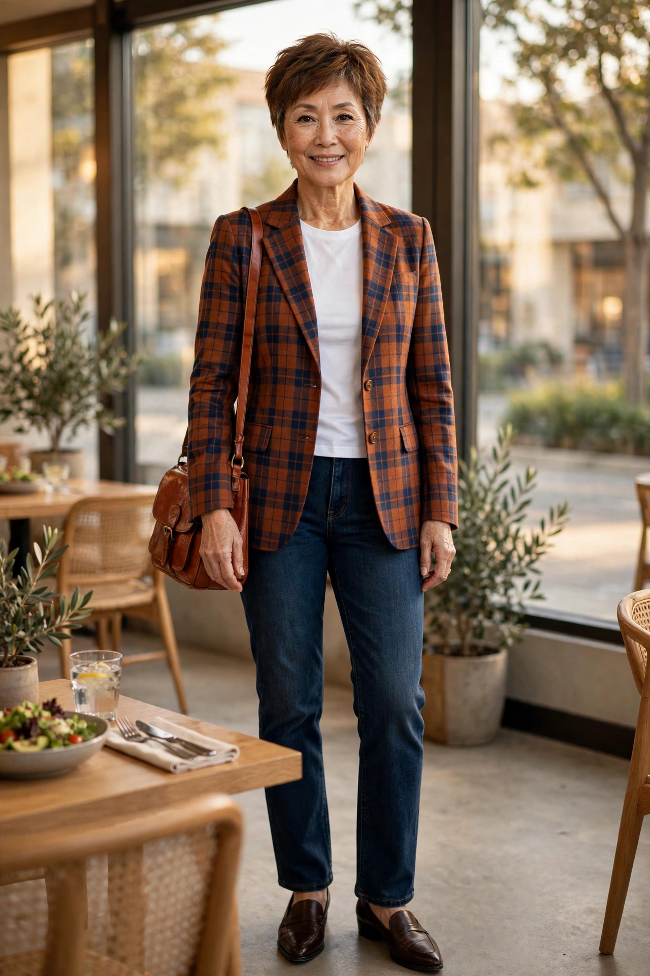 Smart casual outfit — woman over 50 in rust-navy plaid blazer with dark indigo jeans and brown loafers.