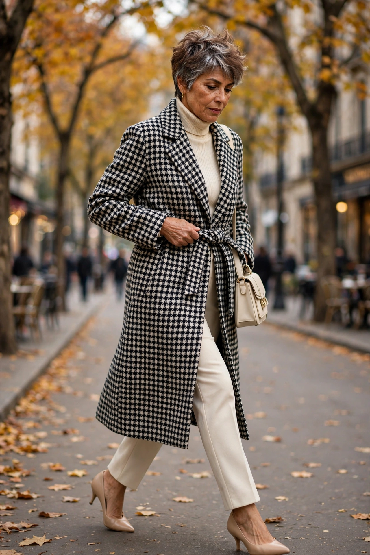 Chic autumn outfit — woman over 50 in houndstooth longline coat with cream trousers and nude kitten heels.