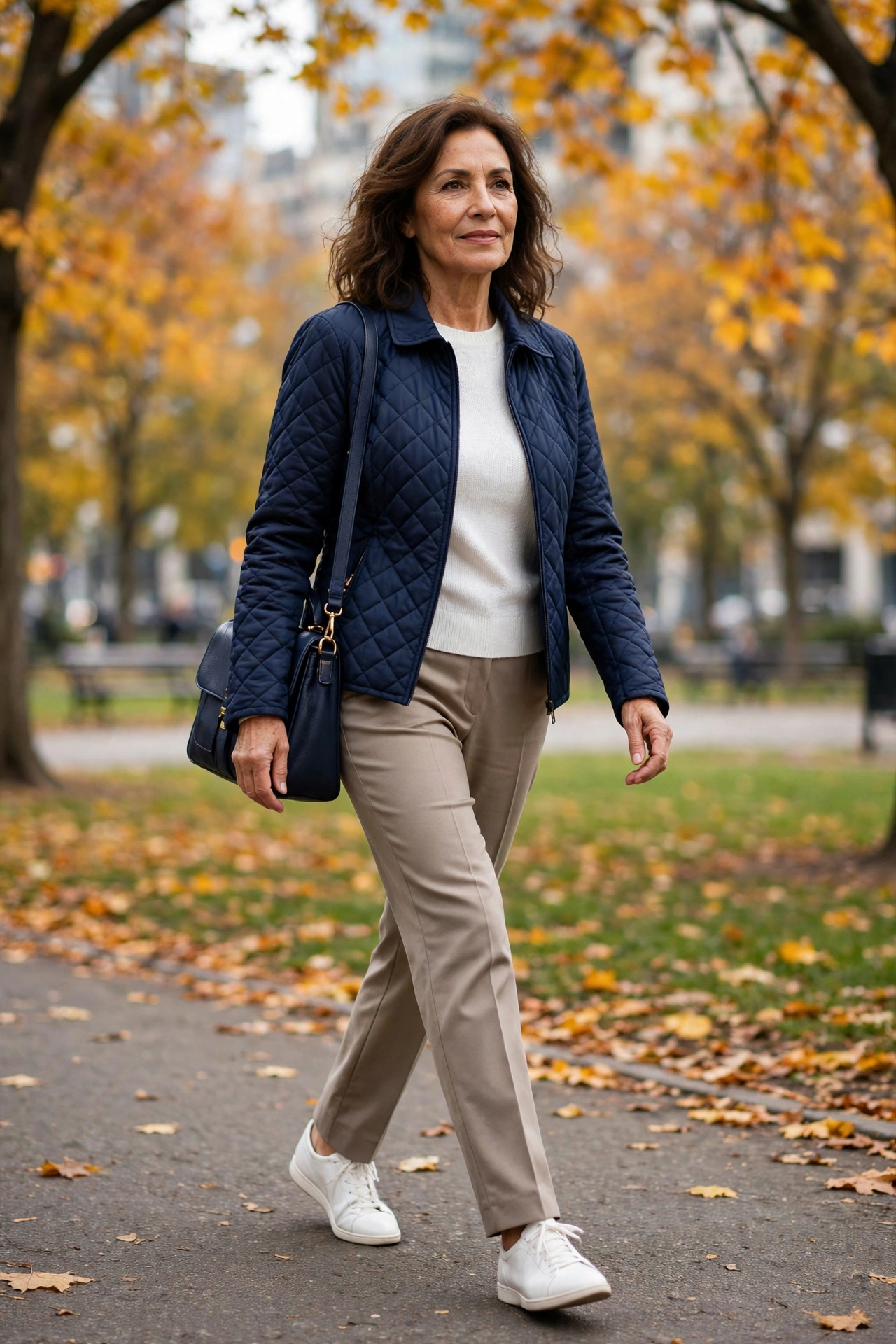 Woman over 50 in navy quilted jacket and stone straight-leg trousers with white sneakers.