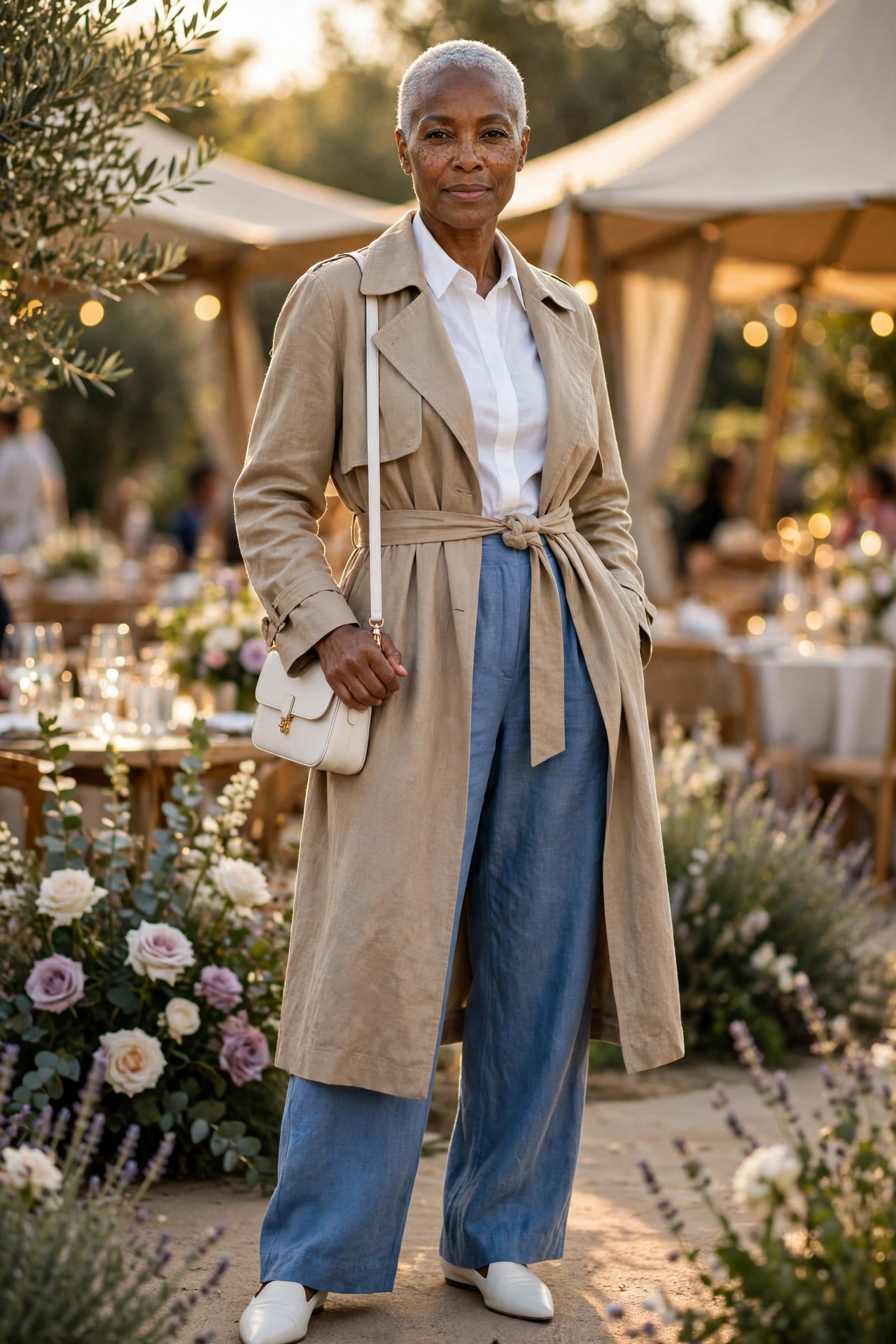 Chic seasonal outfit — woman over 50 in stone trench with cornflower blue wide-leg trousers and white loafers.