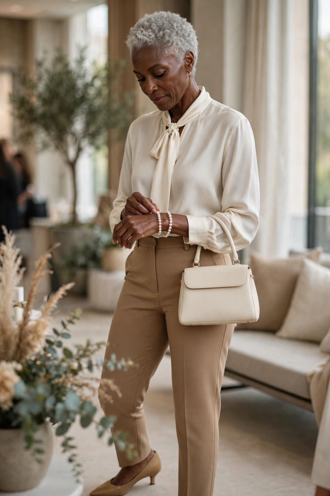Elegant outfit for women over 50 — cream silk blouse with high-waisted camel trousers and kitten pumps.