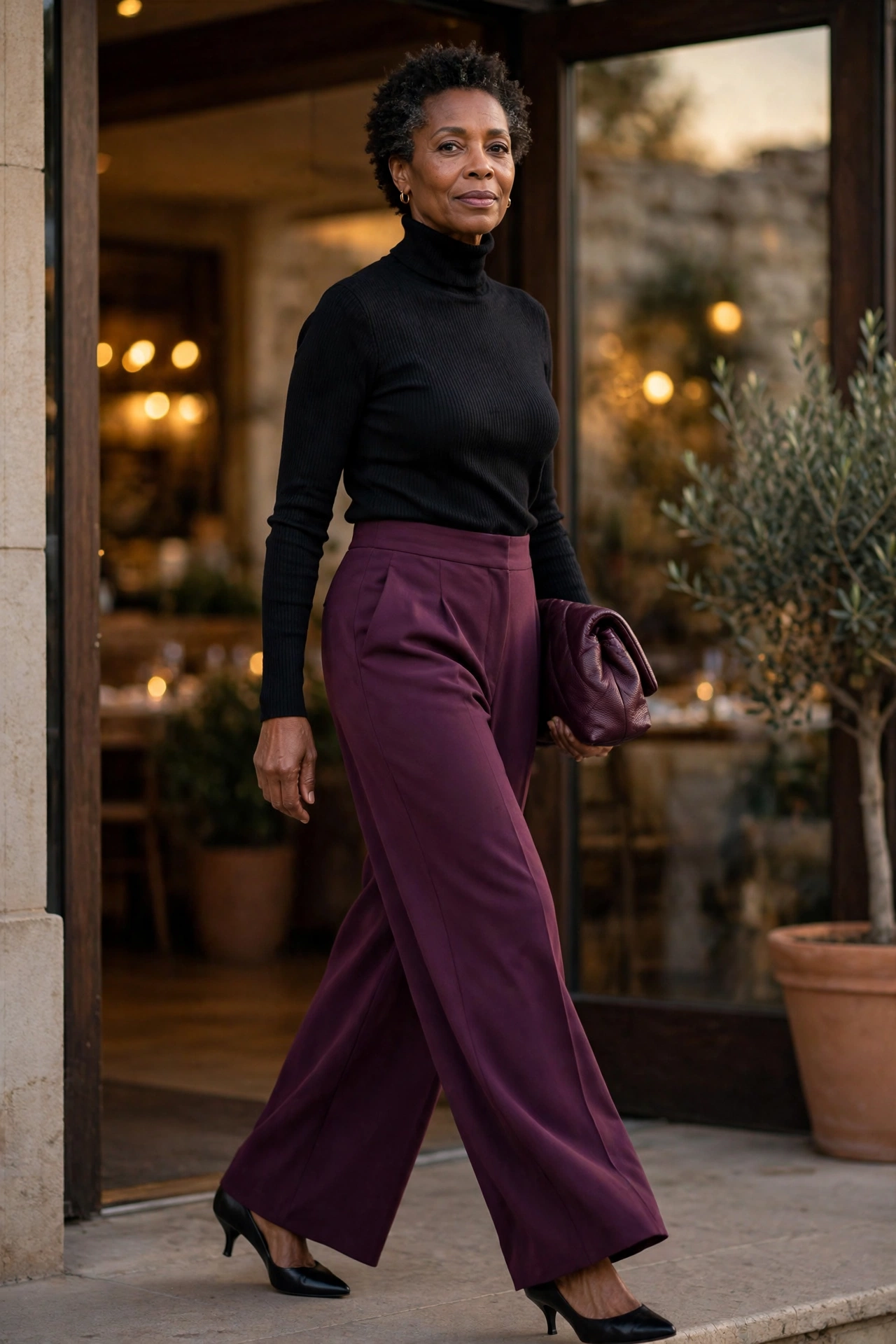 Evening outfit for women over 50 — black turtleneck and plum wide-leg trousers with kitten heels.
