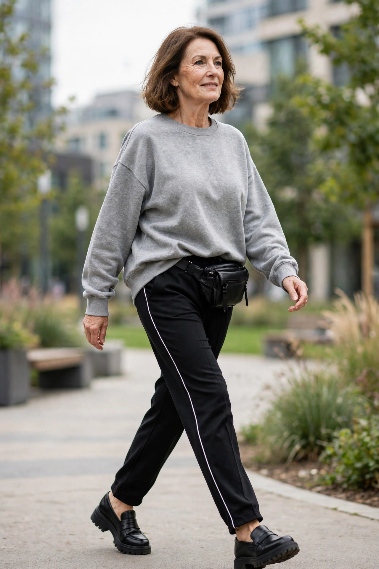 Casual-sporty outfit for women over 50 — grey sweatshirt, black track pants, and leather loafers.