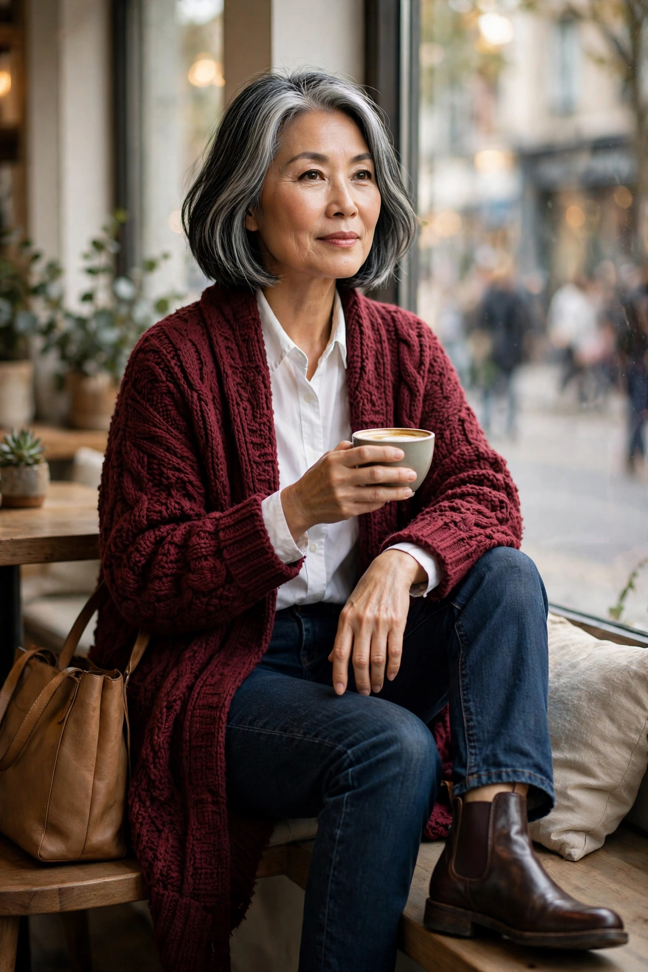 Woman over 50 in burgundy longline cardigan over a white shirt and dark jeans with Chelsea boots.