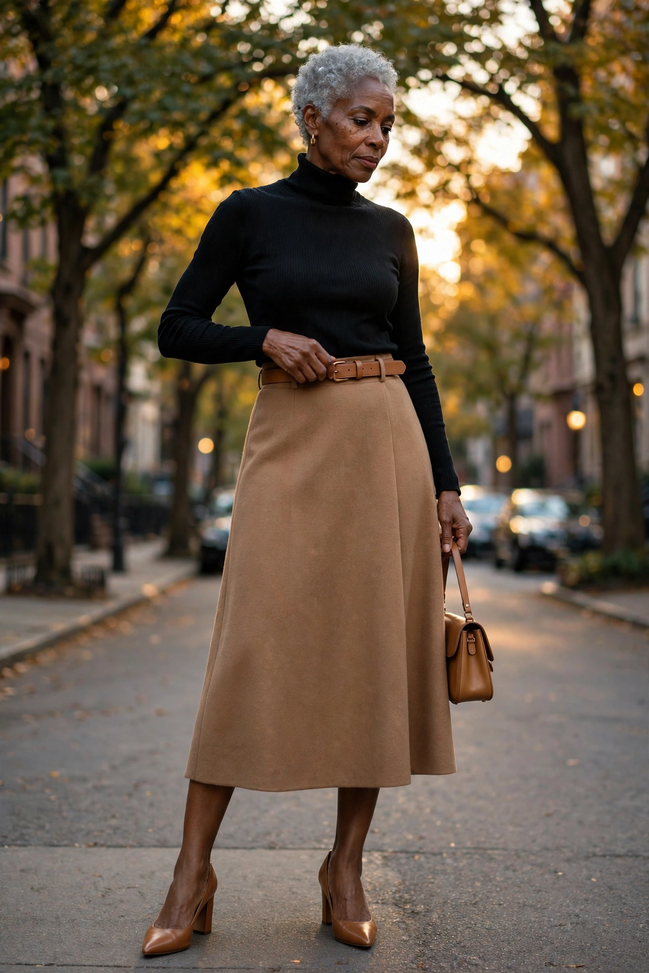 Elegant casual outfit — woman over 50 in black turtleneck and camel belted midi skirt with tan pumps.