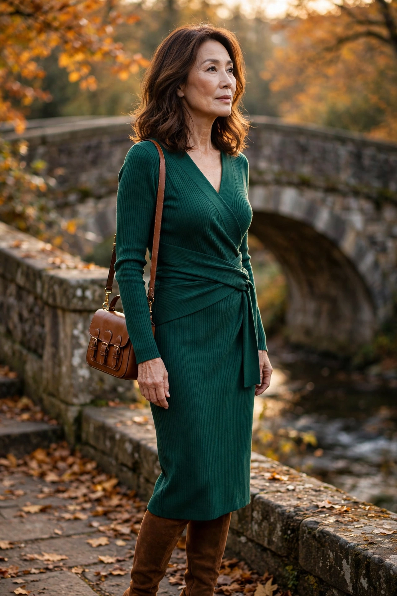 Woman over 50 in emerald green knit dress and caramel over-the-knee suede boots.