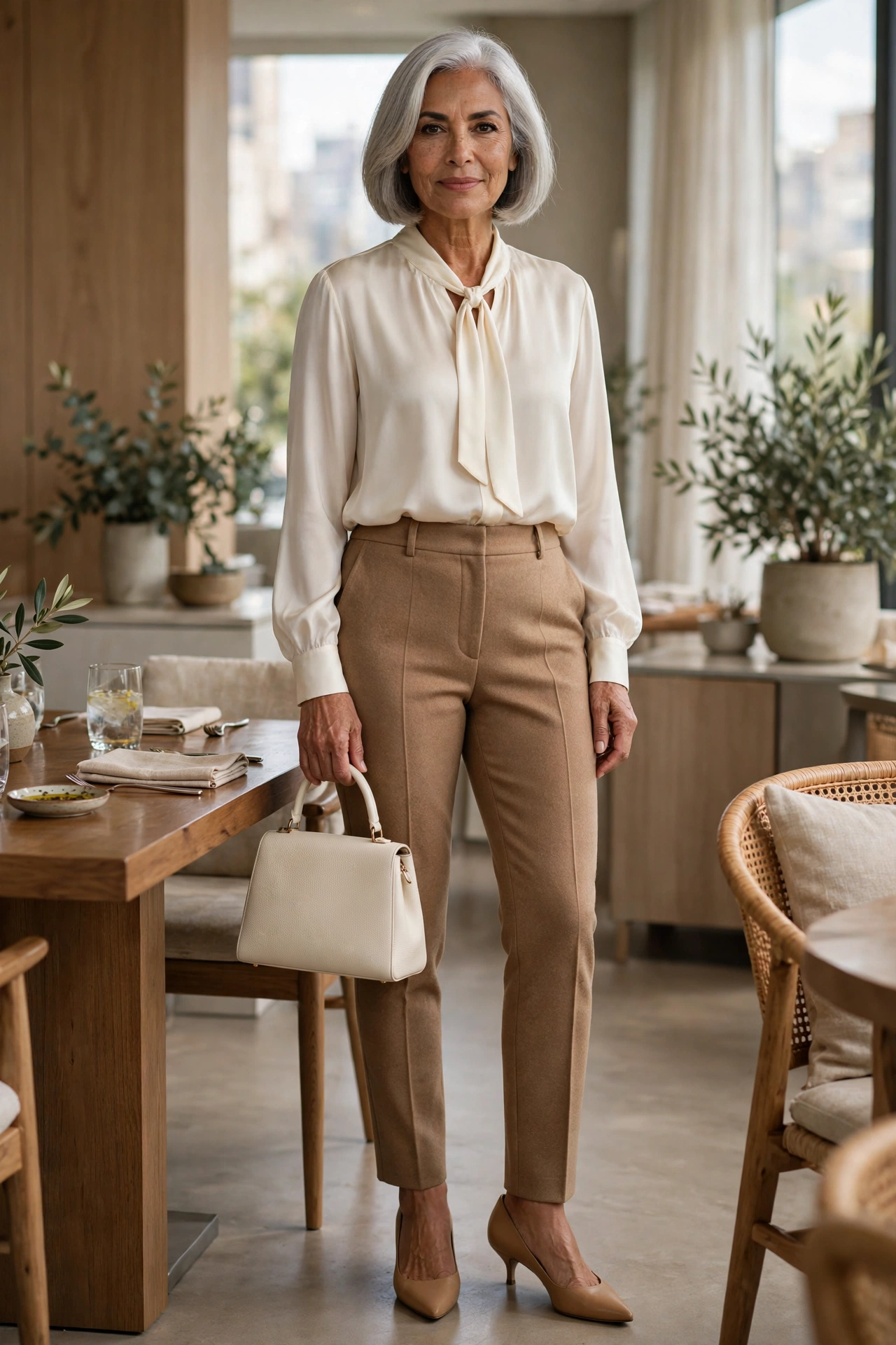 Elegant outfit for women over 50 — cream silk blouse tucked into camel high-waisted trousers.