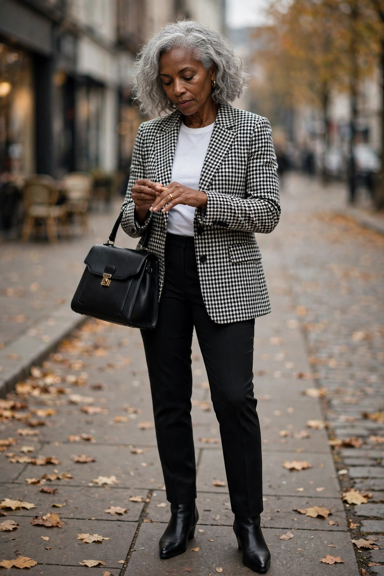 Stylish office outfit — woman over 50 in houndstooth blazer with black slim trousers and ankle boots.