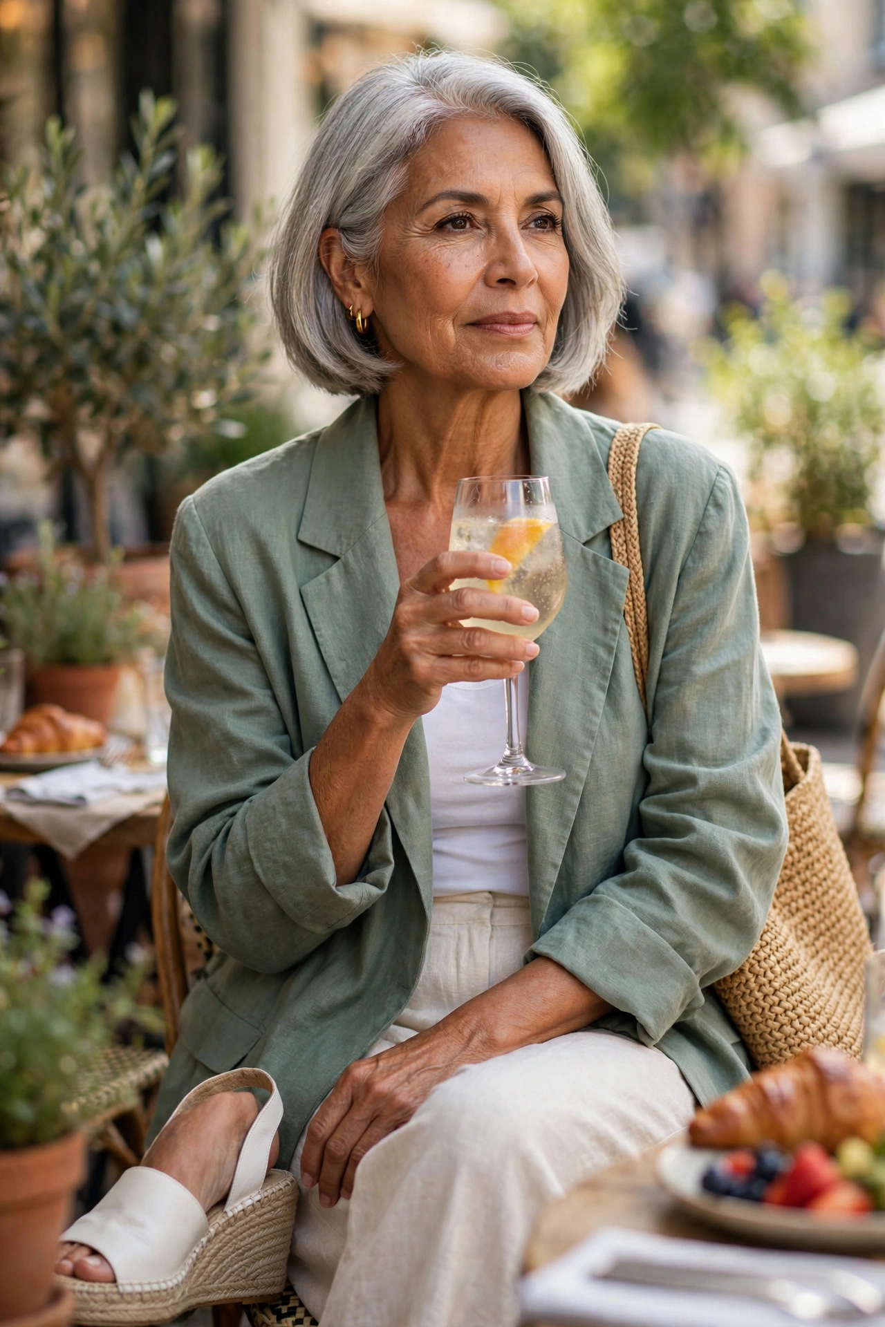 Relaxed chic outfit — woman over 50 in sage green blazer with cream linen trousers and espadrille wedges.