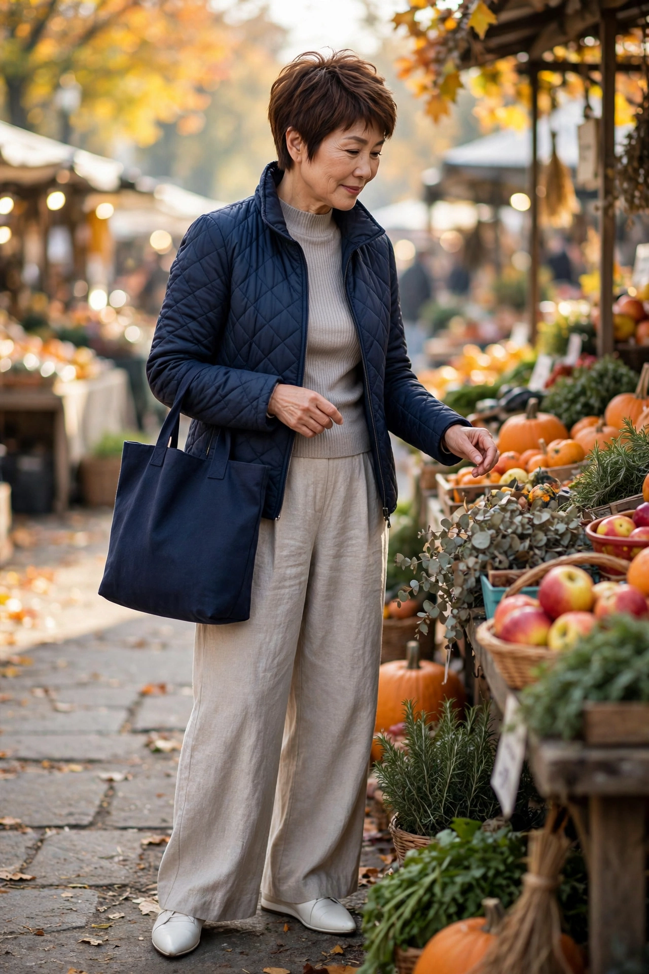 Practical casual outfit for women over 50 — navy quilted jacket with stone wide-leg linen trousers.