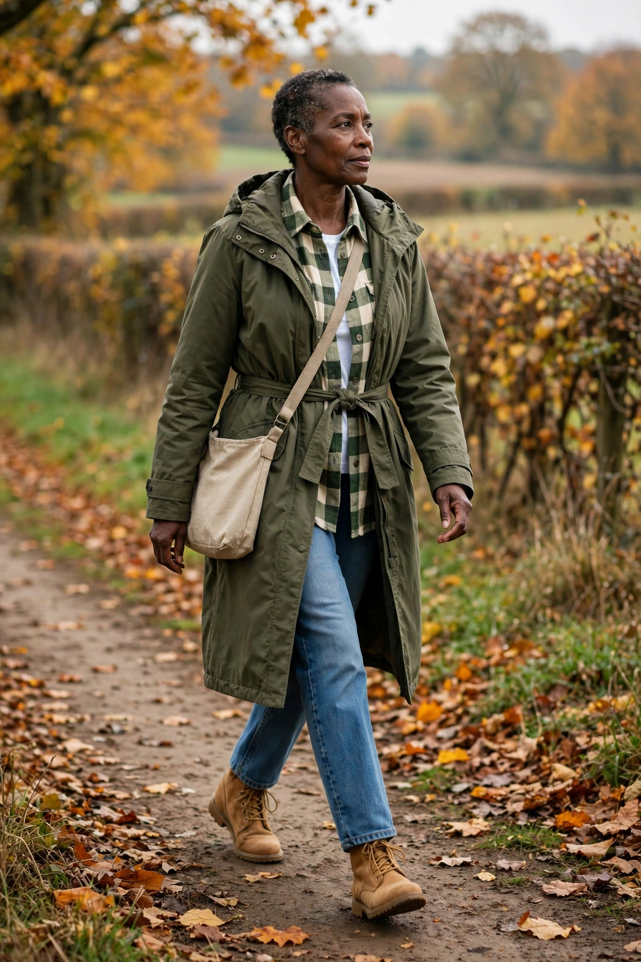 Casual autumn outfit — woman over 50 in olive parka, flannel shirt, straight jeans, and tan boots.