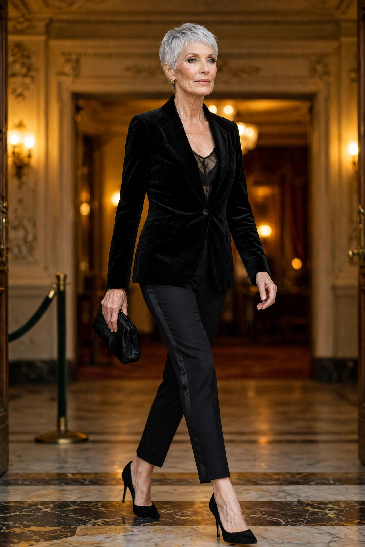 Elegant evening outfit for women over 50 — black velvet blazer with tuxedo trousers and suede pumps.