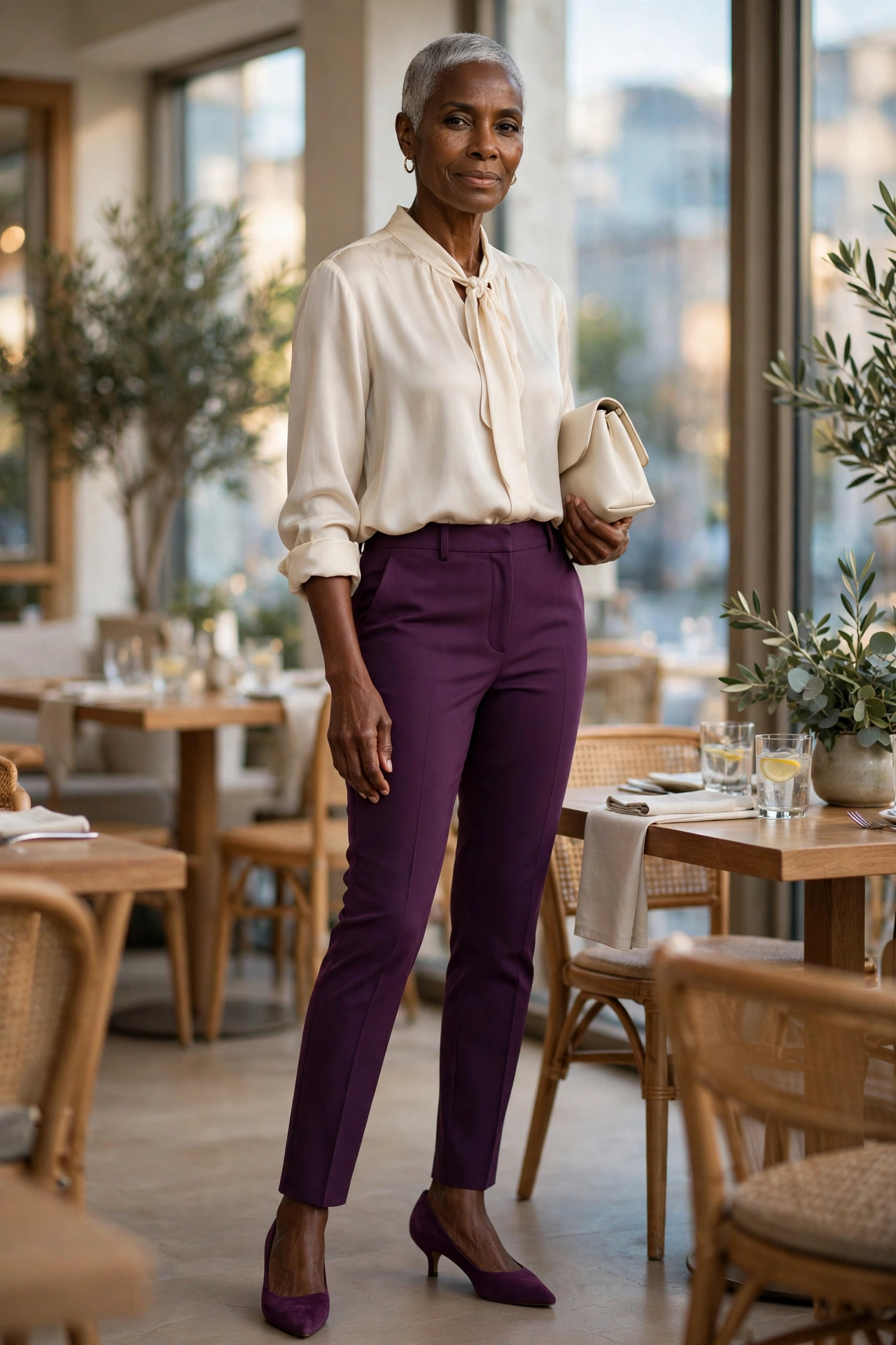 Elegant outfit for women over 50 — cream silk blouse with high-waisted plum trousers and suede pumps.