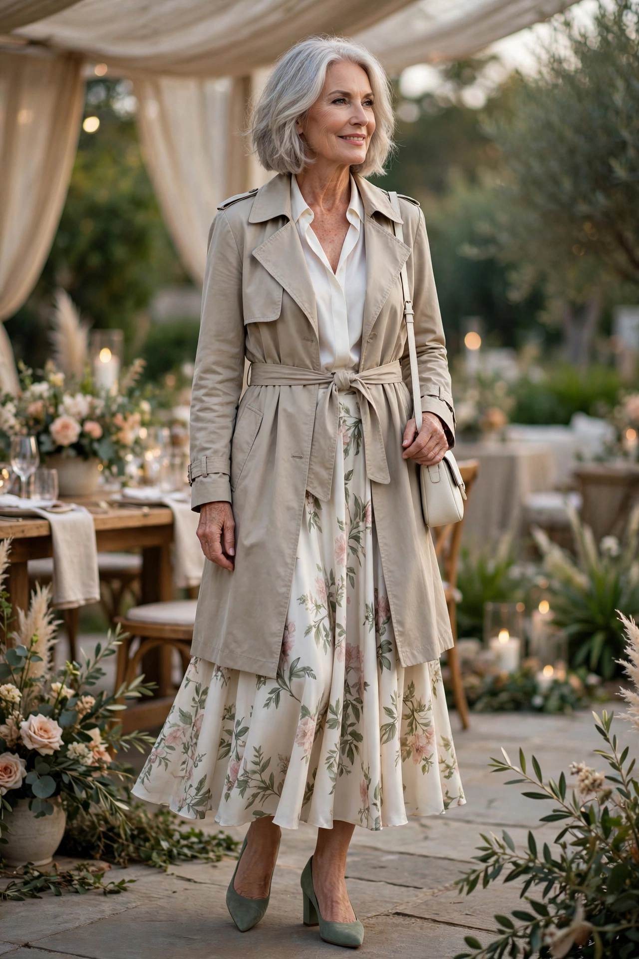 Elegant event outfit — woman over 50 in stone trench coat with floral silk midi skirt and sage pumps.
