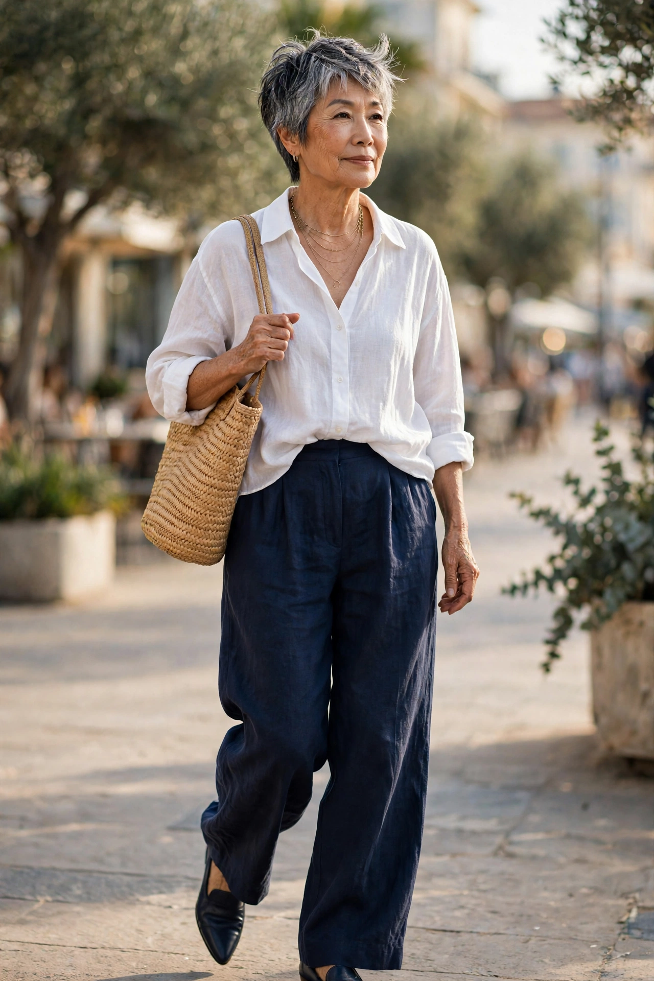 Classic casual outfit — woman over 50 in white linen shirt with navy wide-leg trousers and gold accessories.