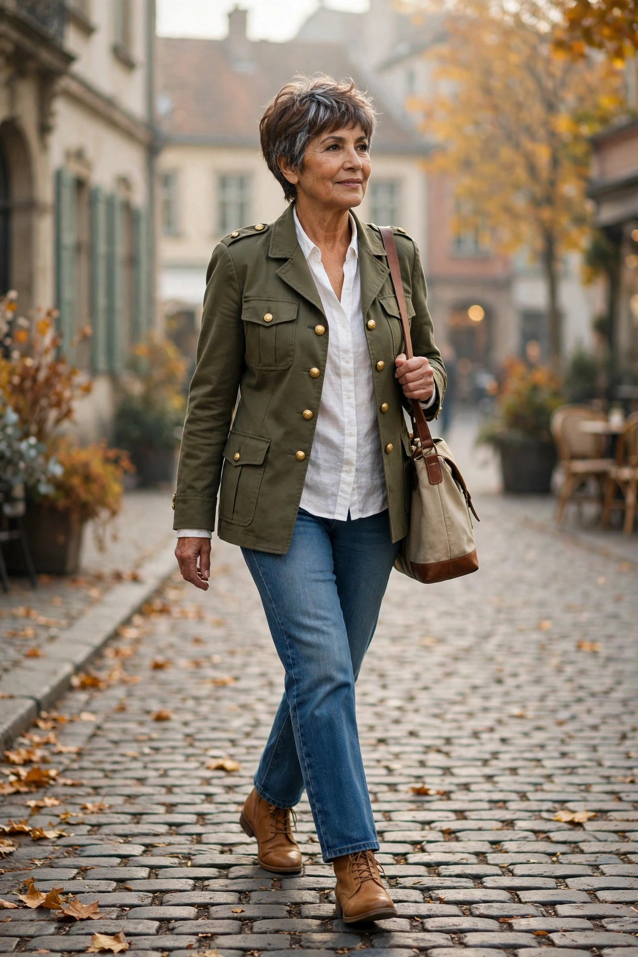 Casual autumn outfit — woman over 50 in olive military jacket with mid-wash straight jeans and tan boots.