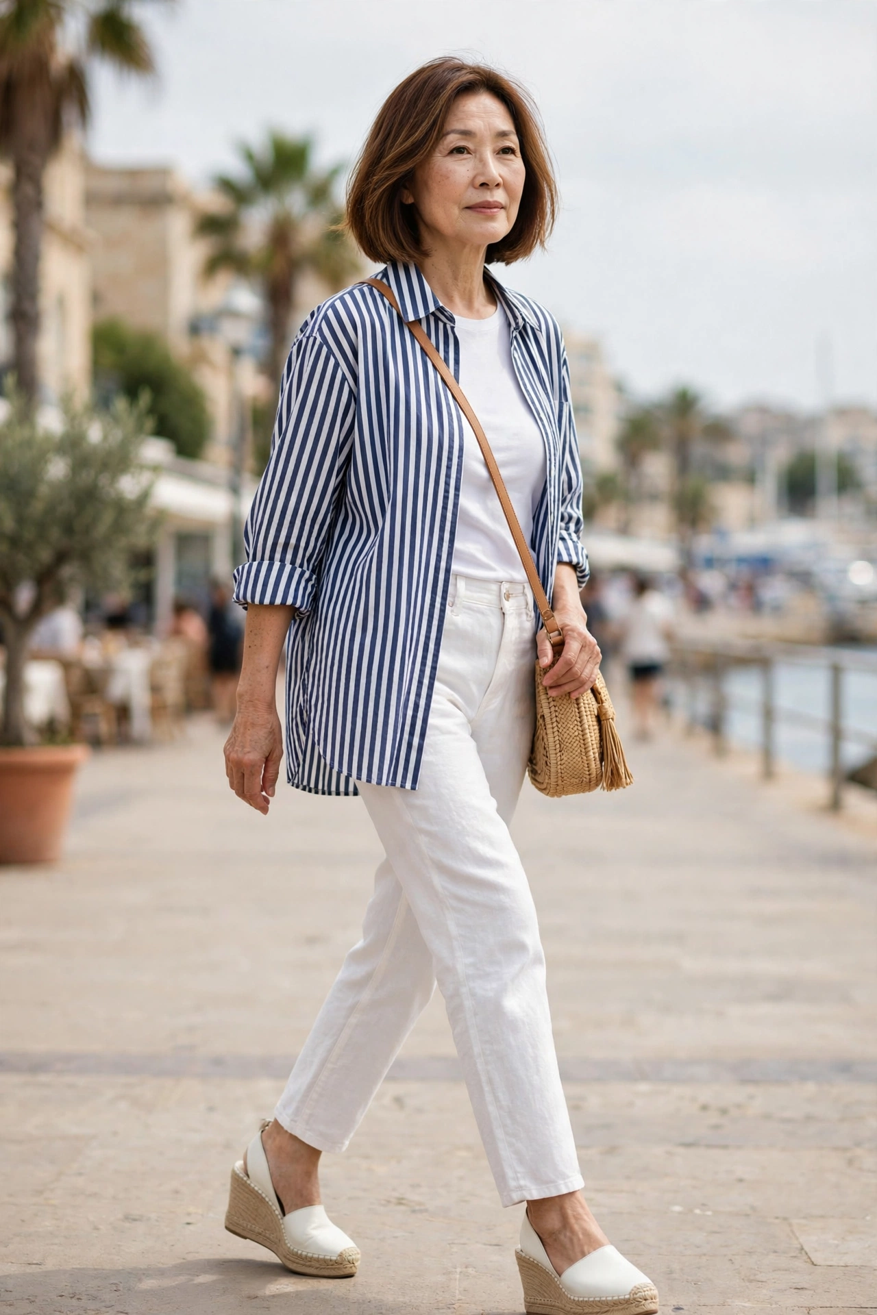 Relaxed chic outfit for women over 50 — striped oversized shirt with white linen jeans and wedge espadrilles.